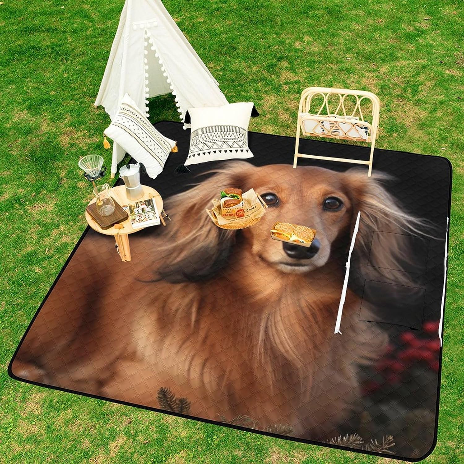 Long Haired Dachshund Picnic Blanket 200x200cm, Foldable 2-in-1 Picnic Mat and Tote Bag Portable Waterproof Beach Mat Sandproof Outdoor Blanket for Park, Hiking, Beach, Camping, Travel