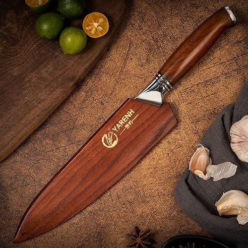 Miniatura 22 de YARENH Cuchillo de chef profesional, 7 pulgadas, 73 capas de acero inoxidable de damasco, mango de sándalo natural de espiga completa, con caja