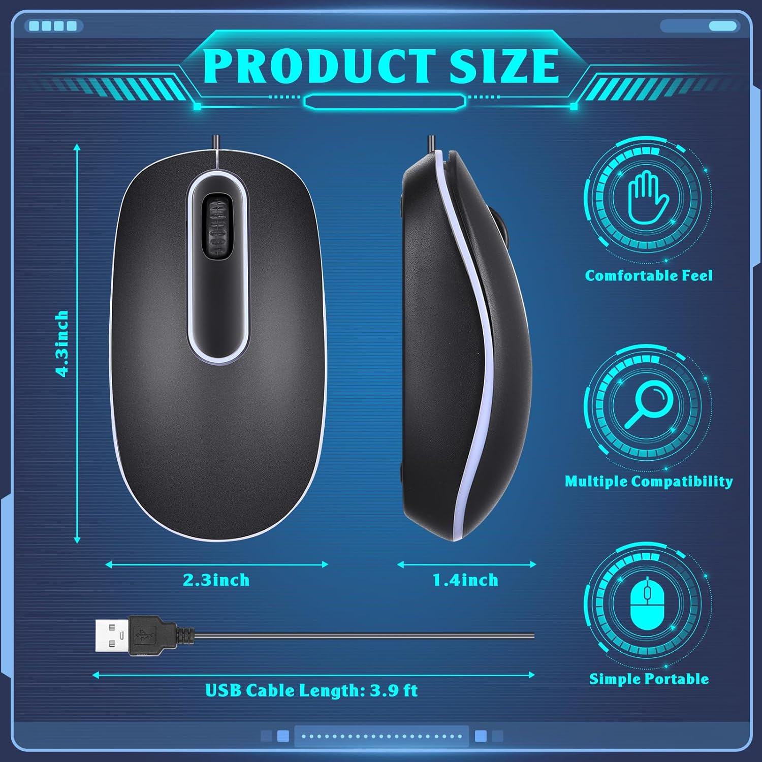 Xuhal 50 Pcs Black USB Wired Mouse Bulk 1000 DPI 3 Button Corded Computer Mouse Multicolor Light Cable Mouse Gaming Mouse Office Home Optical Mice Simple USB Mouse for Computer Laptop Desktop PC