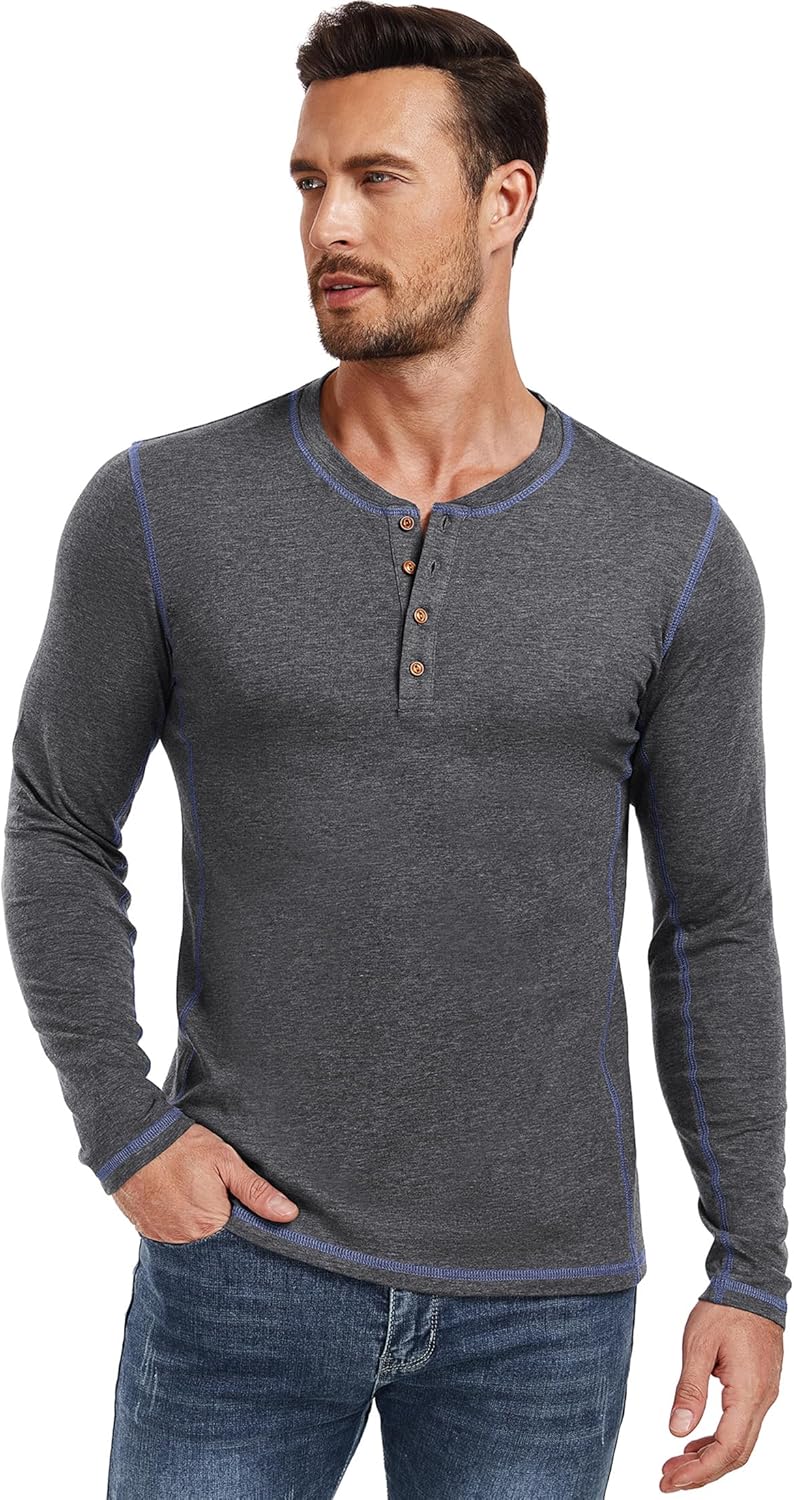 PEGNEO Mens Henley T-Shirt Long Sleeve Lightweight Soft Basic Tee Casual Stylish Dark Grey Large - Image 2