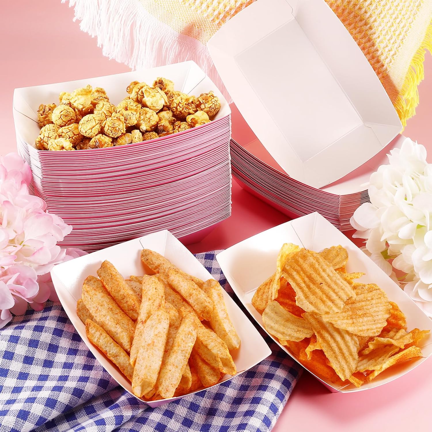Paper Food Trays, 200 Pcs 2 Lb Disposable Food Boats - Pink Nacho & Hot Dog Trays for Party, Picnic, Carnival Supplies - Holds Nachos, Fries, Cheese Sauce thumbnail