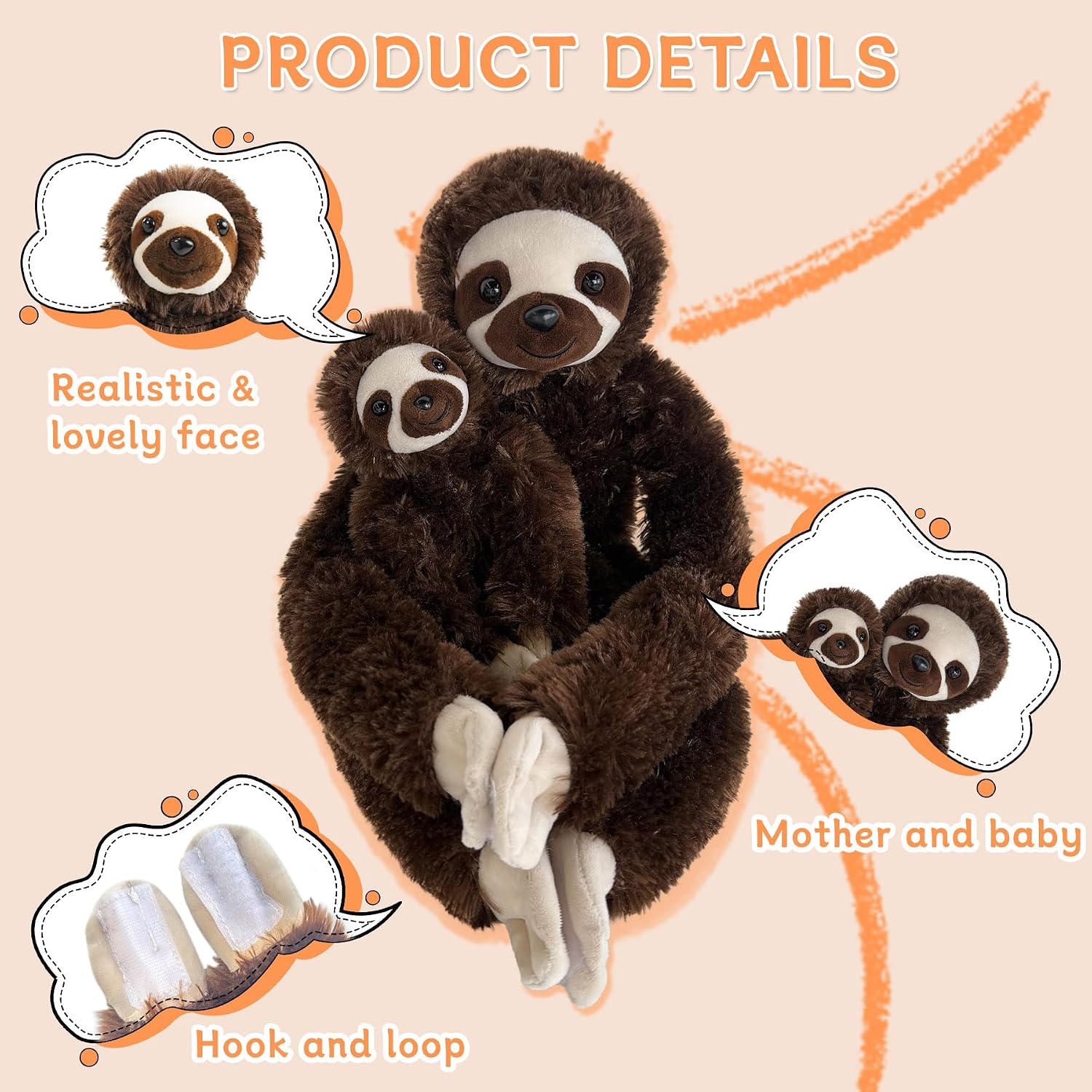 2pcs Sloth Hanging Stuffed Animal Mother with Baby Hanging Plush Toys, Three-Toed Sloth Hooks and Stuffed Animals with Rings for Kids, Gifts for Boys and Girls
