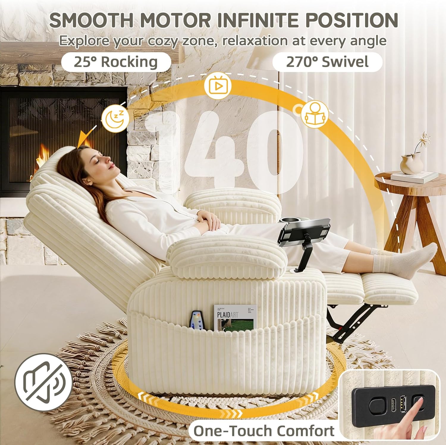 EROMMY Power Oversized Swivel Rocker Recliner with Massage and Heat, Nursery Rocking Chairs for Living Room, Comfy Glider Chair with Cup Holders, Armrest Storage,USB&Type-C Ports,Beige