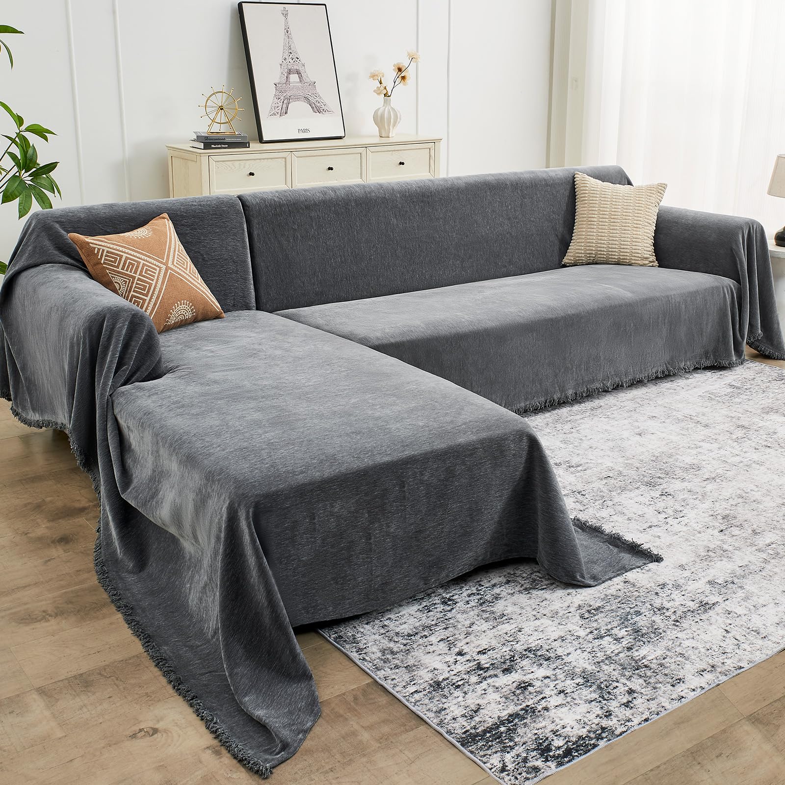 Photo 1 of CAPALOCA Sectional Couch Covers, 2 Pieces Chenille Sofa Cover L Shaped Couch Cover Blanket for Dogs Washable Sofa Slipcovers Pet Furniture Protector (Large: 71" x 102" + 71" x 110", Dark Gray)