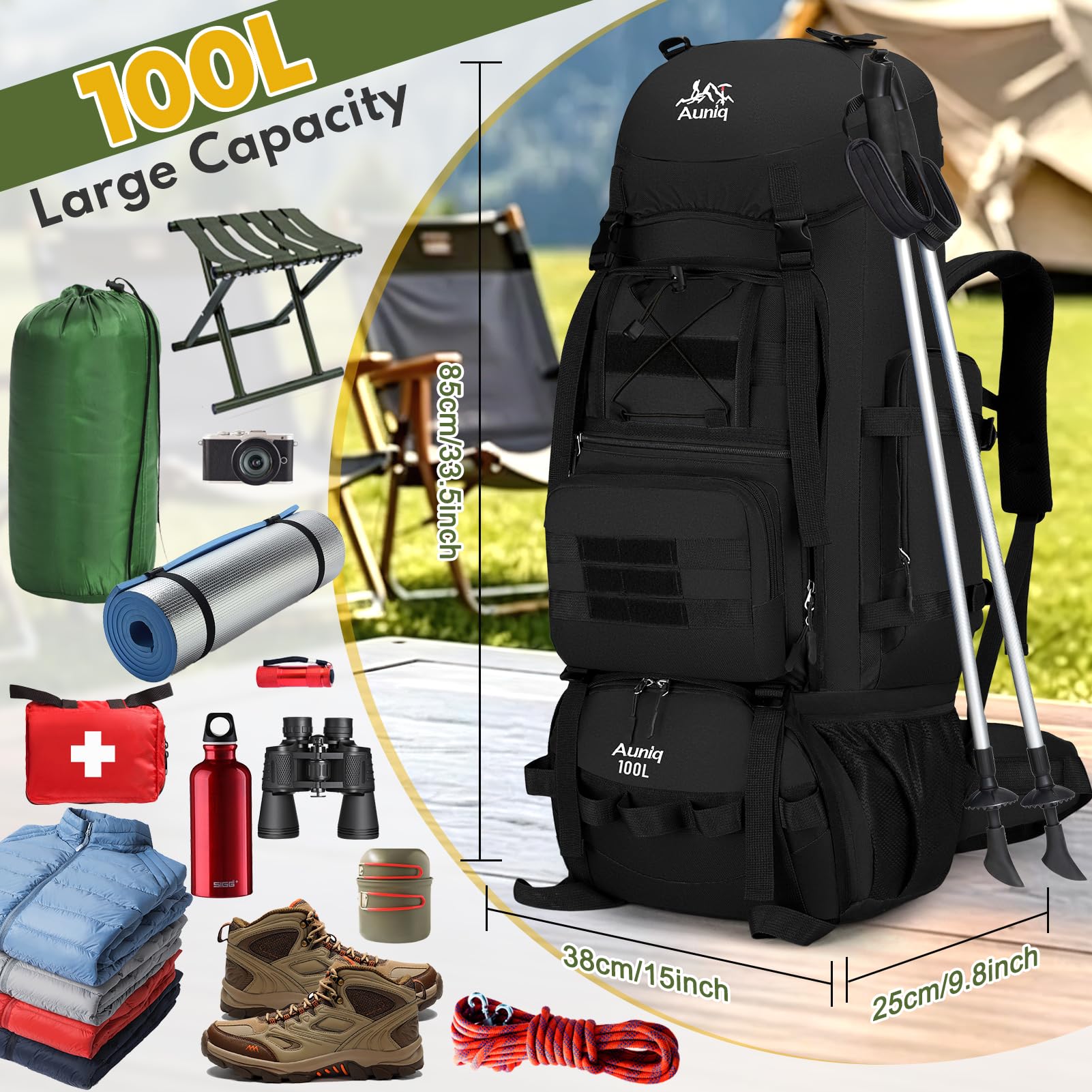 Zaino da Trekking 100 Litri, Zaino da Hiking Impermeabile e Leggero Zaino Sportivo Zaino da Escursioni Zaino da campeggio per esterni Arrampicata Viaggio campeggio Ciclismo Sport