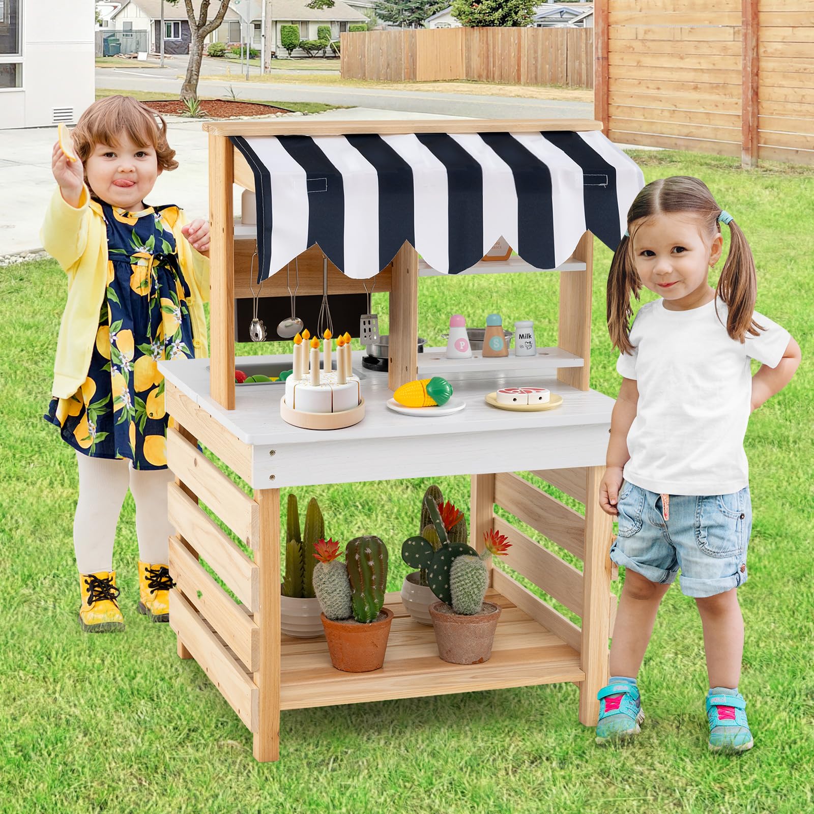 HOMASIS 2 en 1 Cuisine en Bois Double Face pour Enfants, Jouet d'Imitation pour Enfant avec Auvent, Evier Amovible, Réservoir d’Eau et Robinet, Ensemble de Cuisine d'Extérieur de Sapin, Naturel