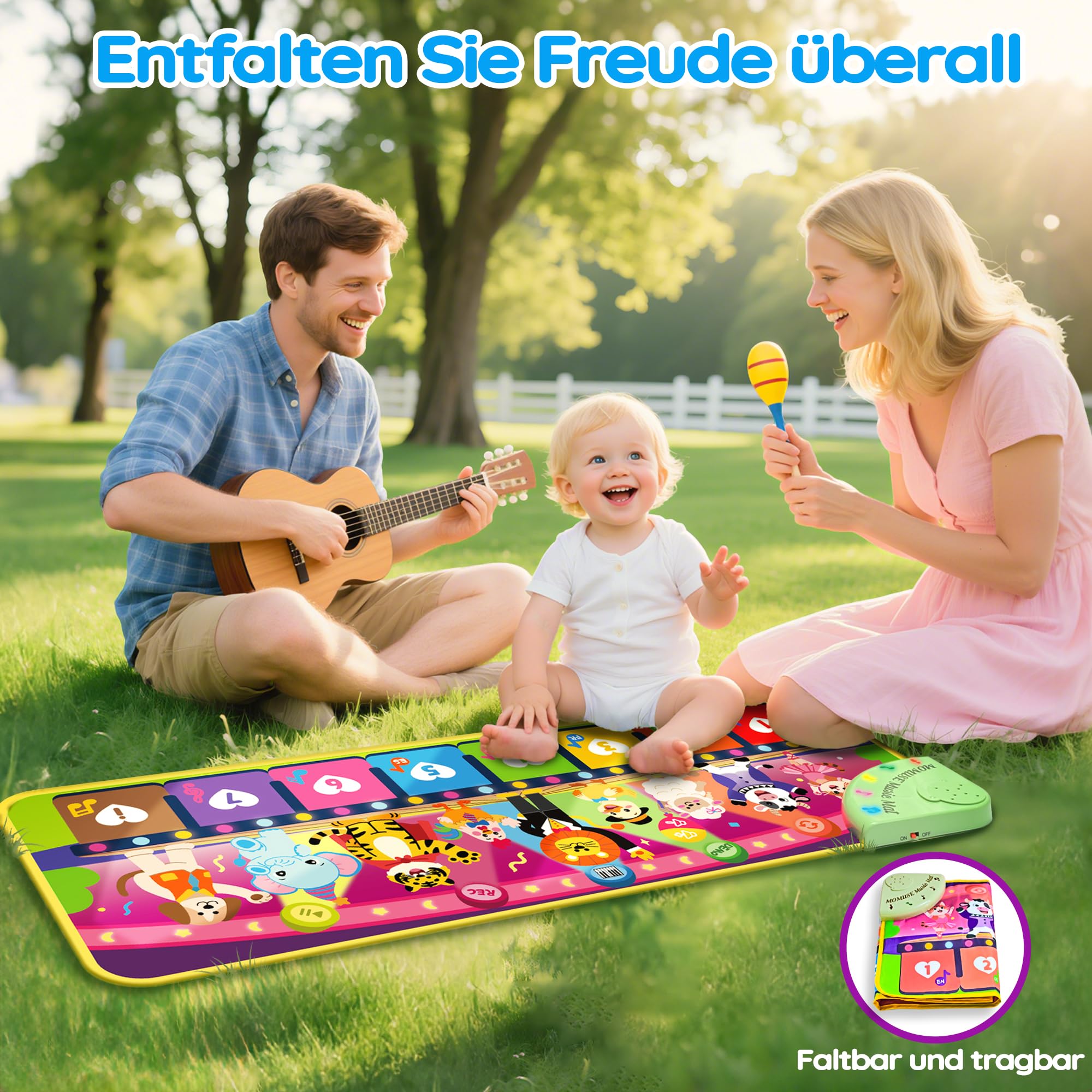 MOMUSE 5-Sprachen Musikmatte (DE/FR/IT/ES/EN), Baby Spielzeug ab 1 Jahr, Multilinguale Klaviermatte mit 9 Tieren, Tragbar, Leicht, Weihnachts-/Geburtstagsgeschenk für Kinder 1 2 3 4 Jahre