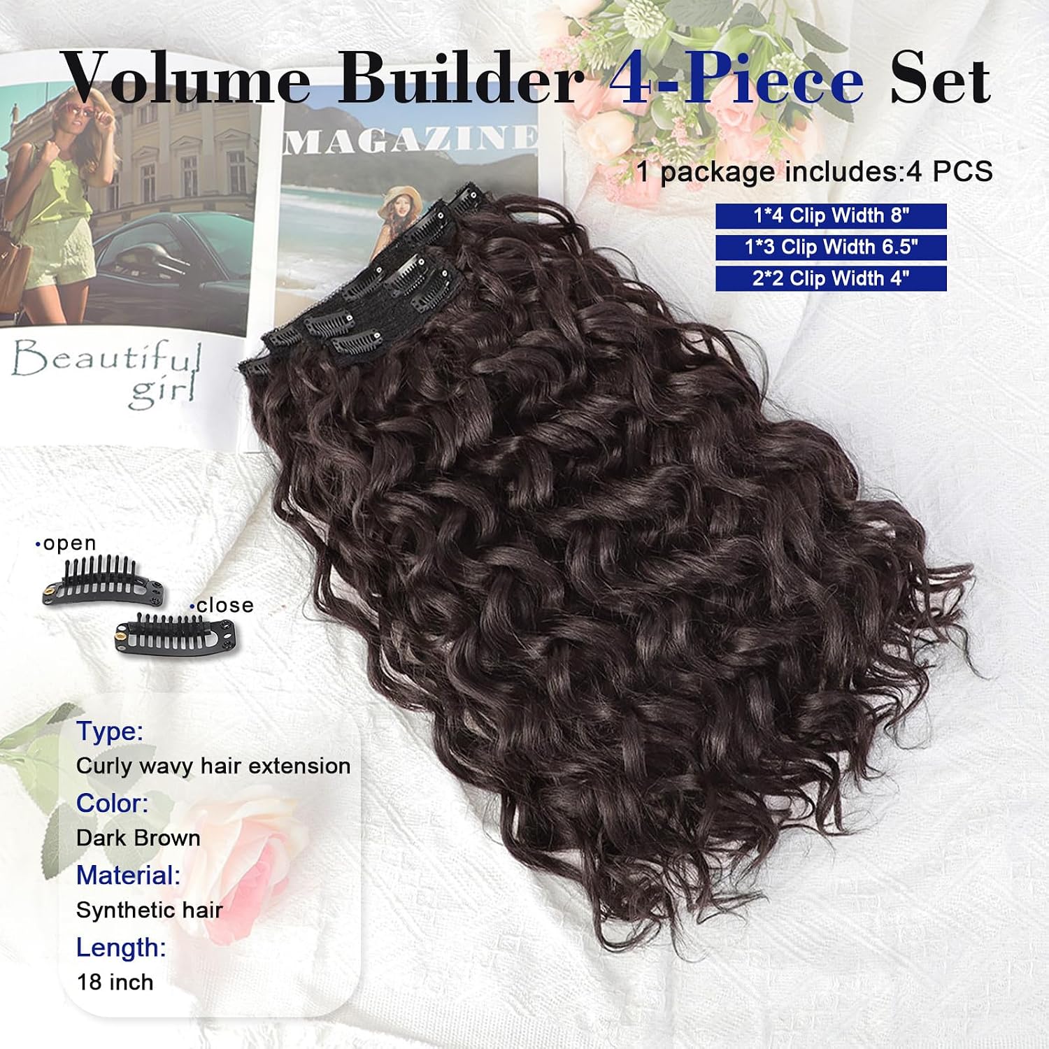 QGZ Curly Clip in Hair Extensions 4PCS Yaki Texture Synthetic Lace Weft Hair Extensions for Women(18inch,Dark Brown)