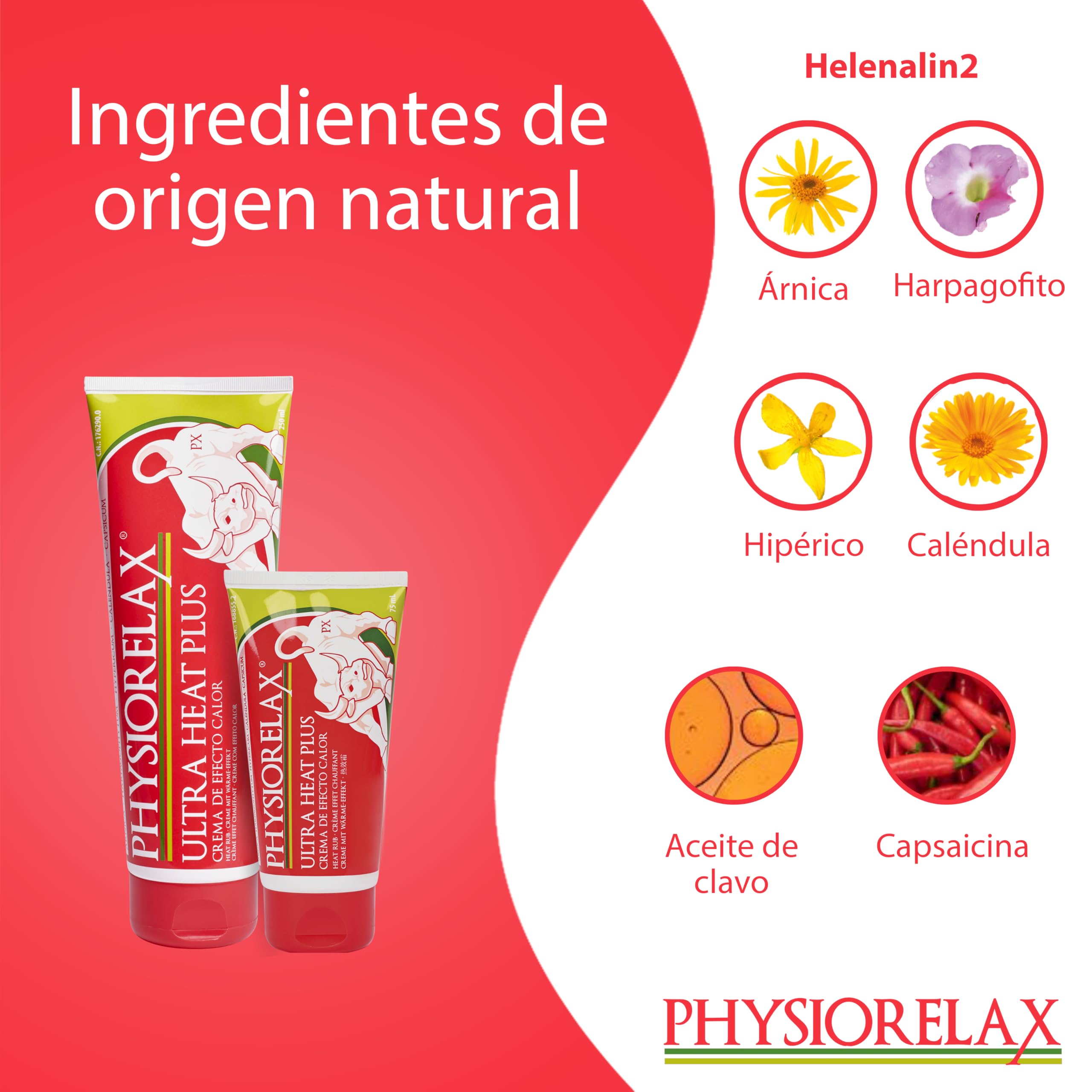 Physiorelax - Ultra Heat Plus, Crema Apta para Masaje, Efecto Calor, Para Esfuerzos Cotidianos y Antes del Ejercicio, con Árnica e Ingredientes de Origen Natural - 75 ml