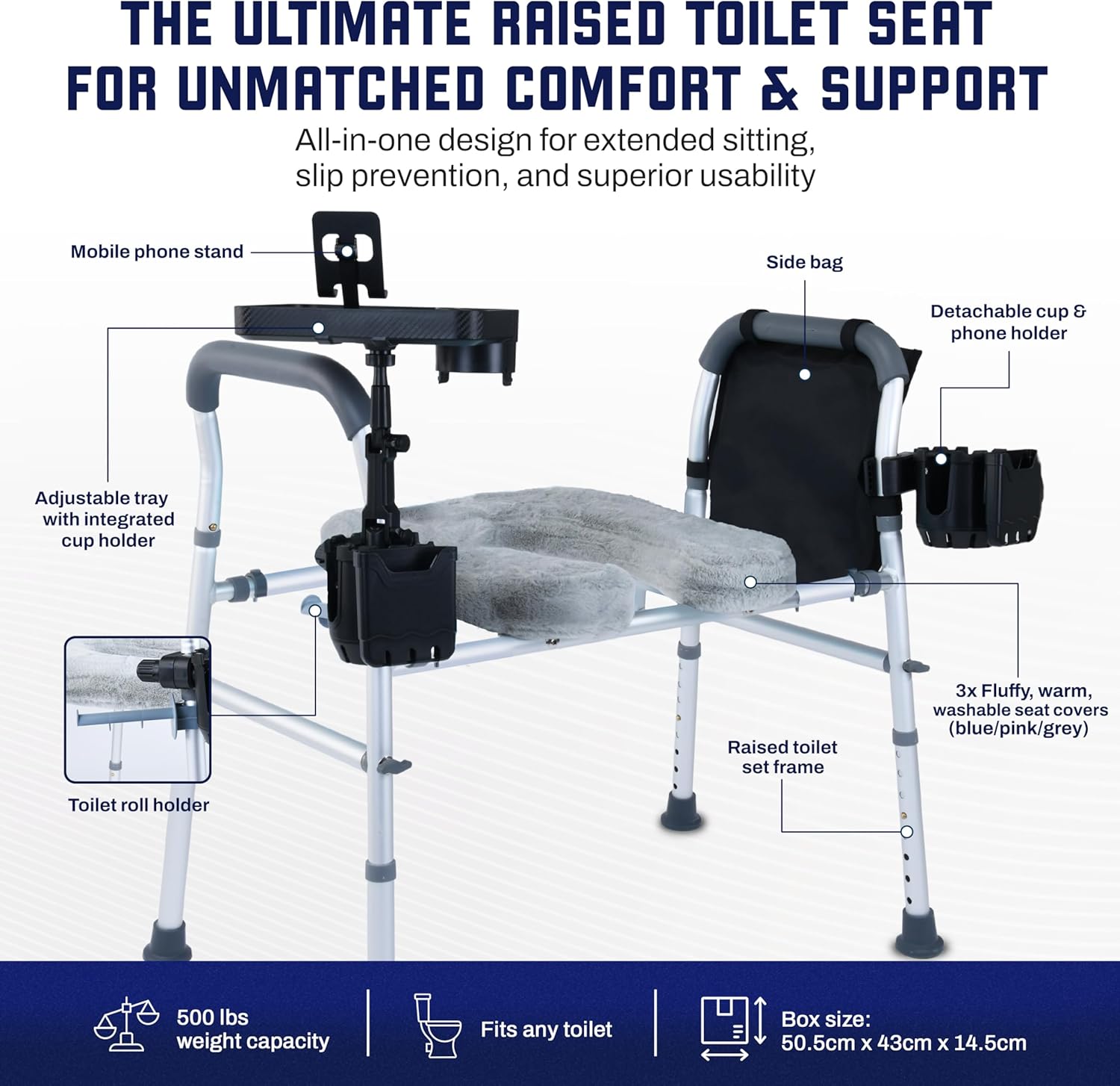 Raised Toilet Seat with Handles, Toilet Seat Riser for Seniors with Adjustable Height & Width, 500lb Handicap Elevated Toilet Seat for Elderly, Pregnant, Fit Any Toilet