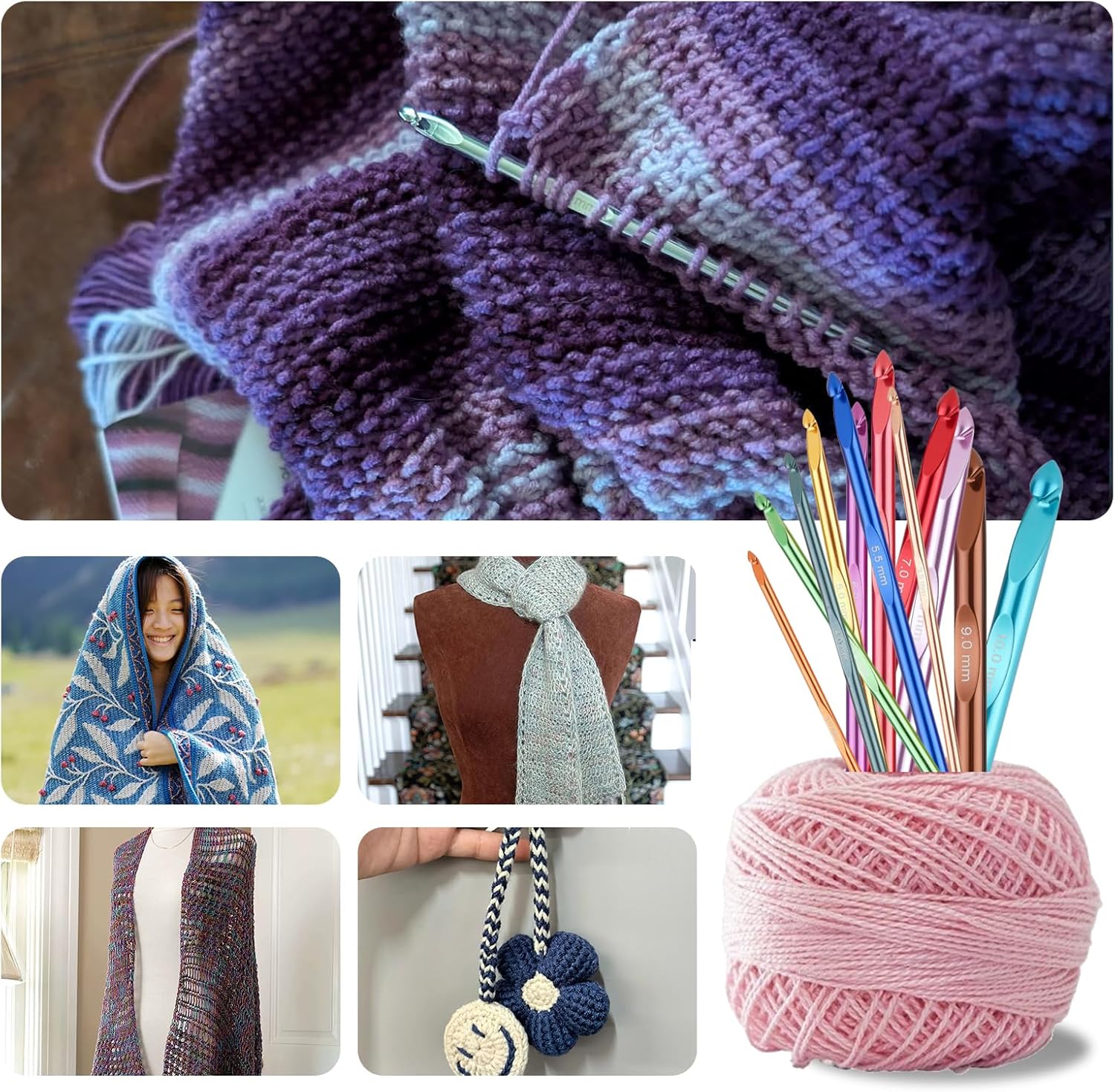 Guclud Inline Crochet Hook Set - 12PCS Ergonomic Extra Long Aluminum Hooks (3-10mm) with Grip Handles for Arthritic Hands, Complete Crochet Kit for Beginners with Storage Case