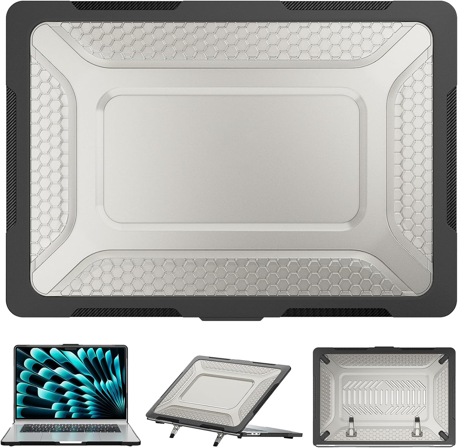 Case Compatible with MacBook Air 15 inch Case 2025 2024 2023, Anti-Scratching Protective Hard Shell Cover with Folding Stand & Keyboard Cover for M4 M3 M2 A3241, A3114, A2941 Black