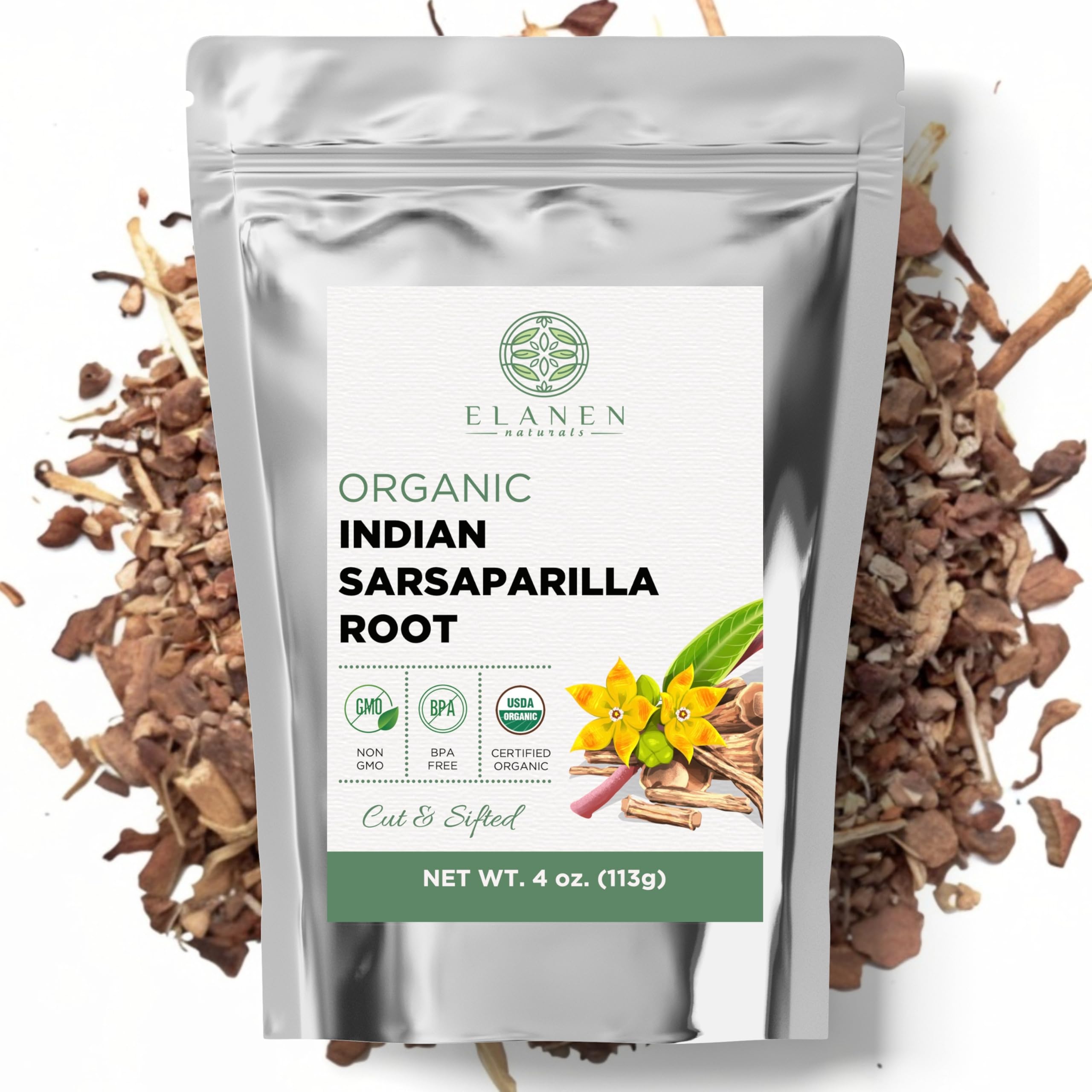 Elanen Naturals Organic Sarsaparilla Root 4 oz. (113g), USDA Certified Organic Indian Sarsaparilla Tea, Hemidesmus Indicus Sasparilla, Sarsparilla, Zarzaparrilla, Cut & Sifted