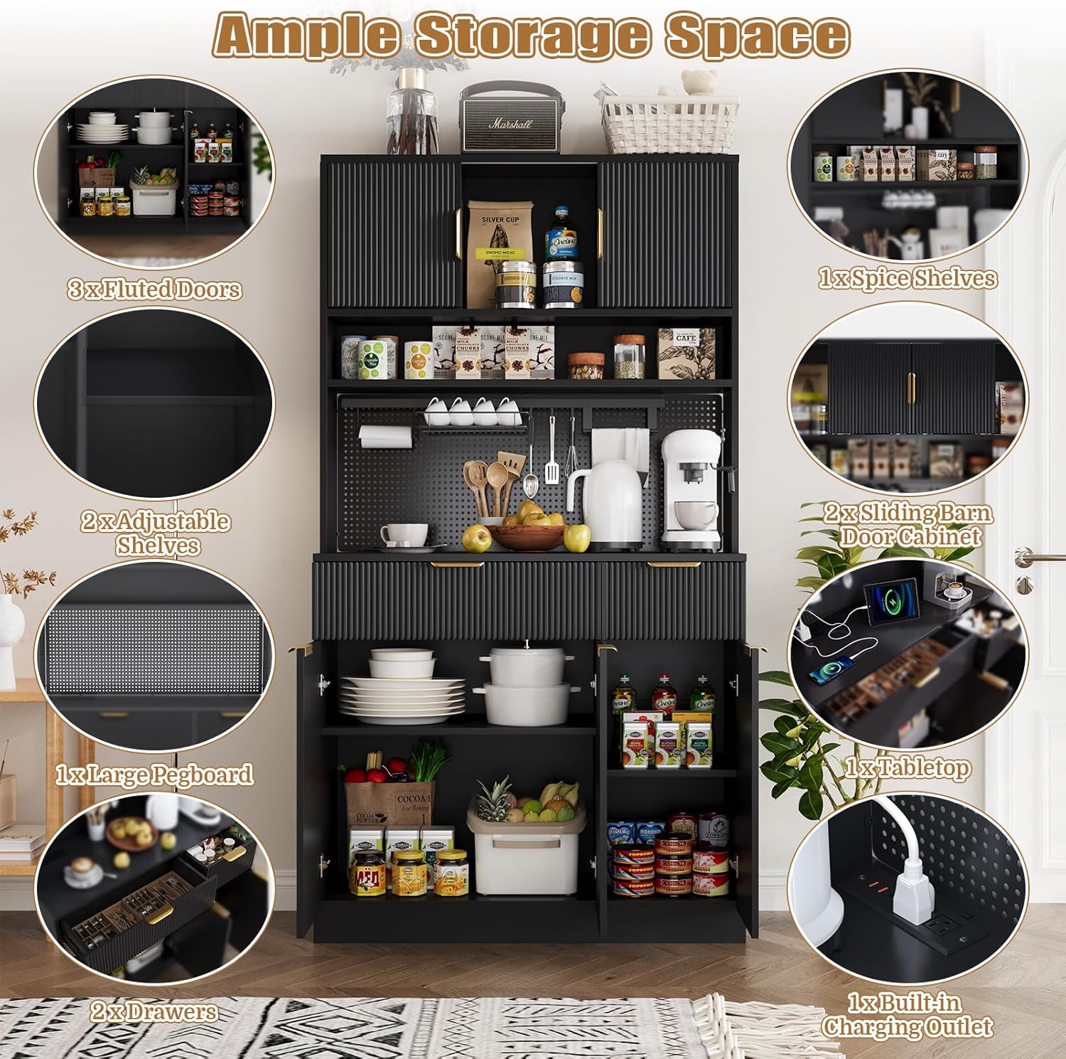 Kitchen Pantry Cabinet with Storage & Pegboard, 71" Tall Hutch Storage Cabinet with Power Outlets, Freestanding Food Pantry with Microwave Stand Spice Rack for Dining Room - Black