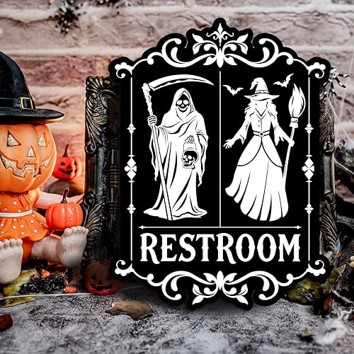 Miniatura 3 de Kercan Decoración gótica de pared de baño de Halloween, diseño de mueca y bruja, decoración espeluznante para baño, 7.5 x 9.8 pulgadas, colgante
