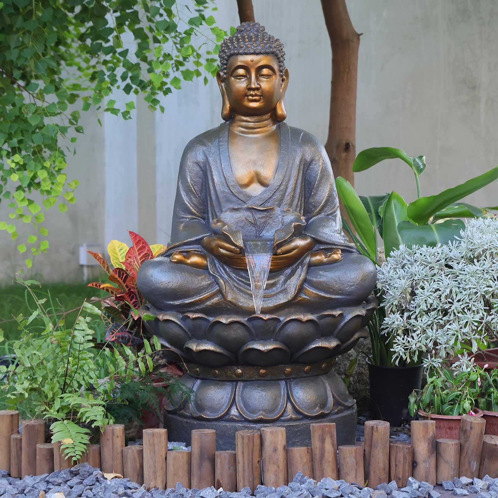 Outdoor Zen Water Fountain - Large Sitting Buddha Floor Fountains Indoor with LED Light for Meditation Relaxation Garden Patio Backyard Deck Lawn Porch Balcony, 44.5 inches Tall, Gray