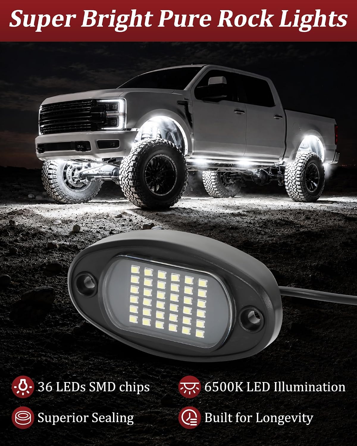 20 Pods White Rock Lights 6000K 36 LEDs per Pod with Extension Wires, Pure Rock Lights Truck Super Bright White Neon Underglow Kit for Trucks SUV RV SUV UTV ATV RZR Boats