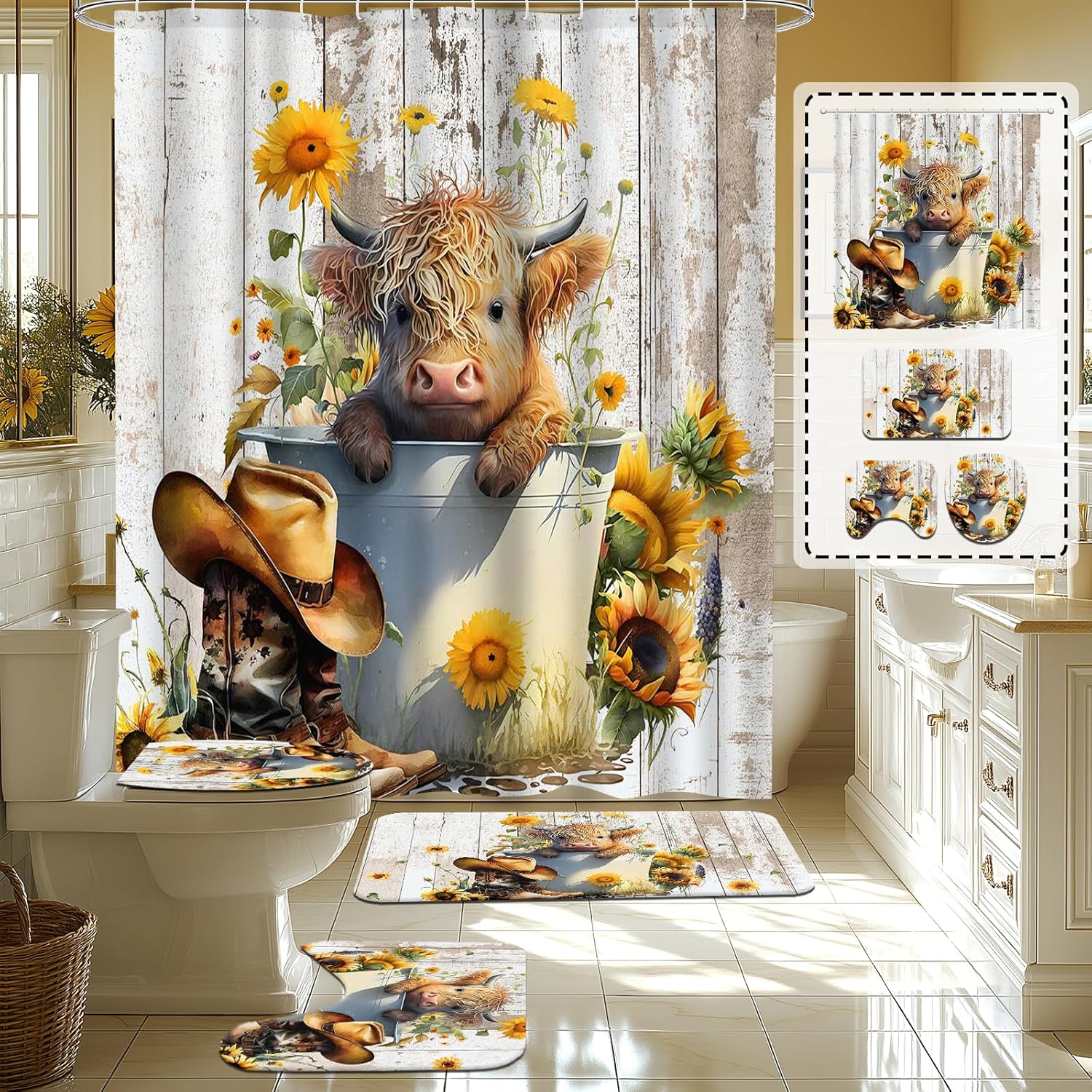 Aperturee 4PCS Highland Cow Shower Curtain Set with Rugs, Bath Mat, Toilet Lid Cover and Contour Mat, Highland Cow Bathroom Set，Waterproof Fabric Bathroom Accessories with 12 Hooks, 72x72 Inch