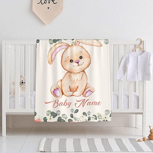 Manta de bebé con nombre personalizado de flor de conejo, mantas de bebé personalizables para niñas y niños, manta de bebé personalizada regalos