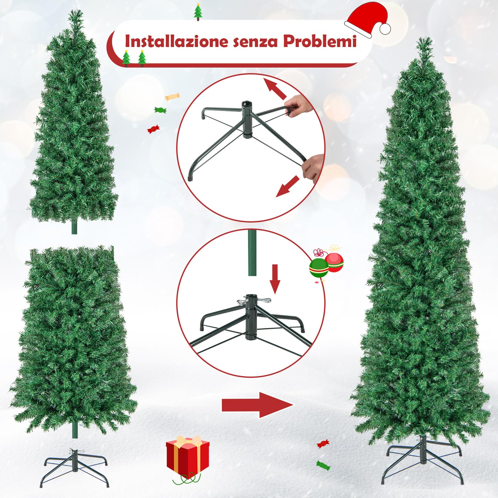 COSTWAY Albero di Natale Artificiale con Fibra Ottica 150/180 CM, Albero di Natale Slim Preluminato con 361/517 Rametti, Base in Metallo Pieghevole, Ideale per Casa, Ufficio e Feste (180 cm)