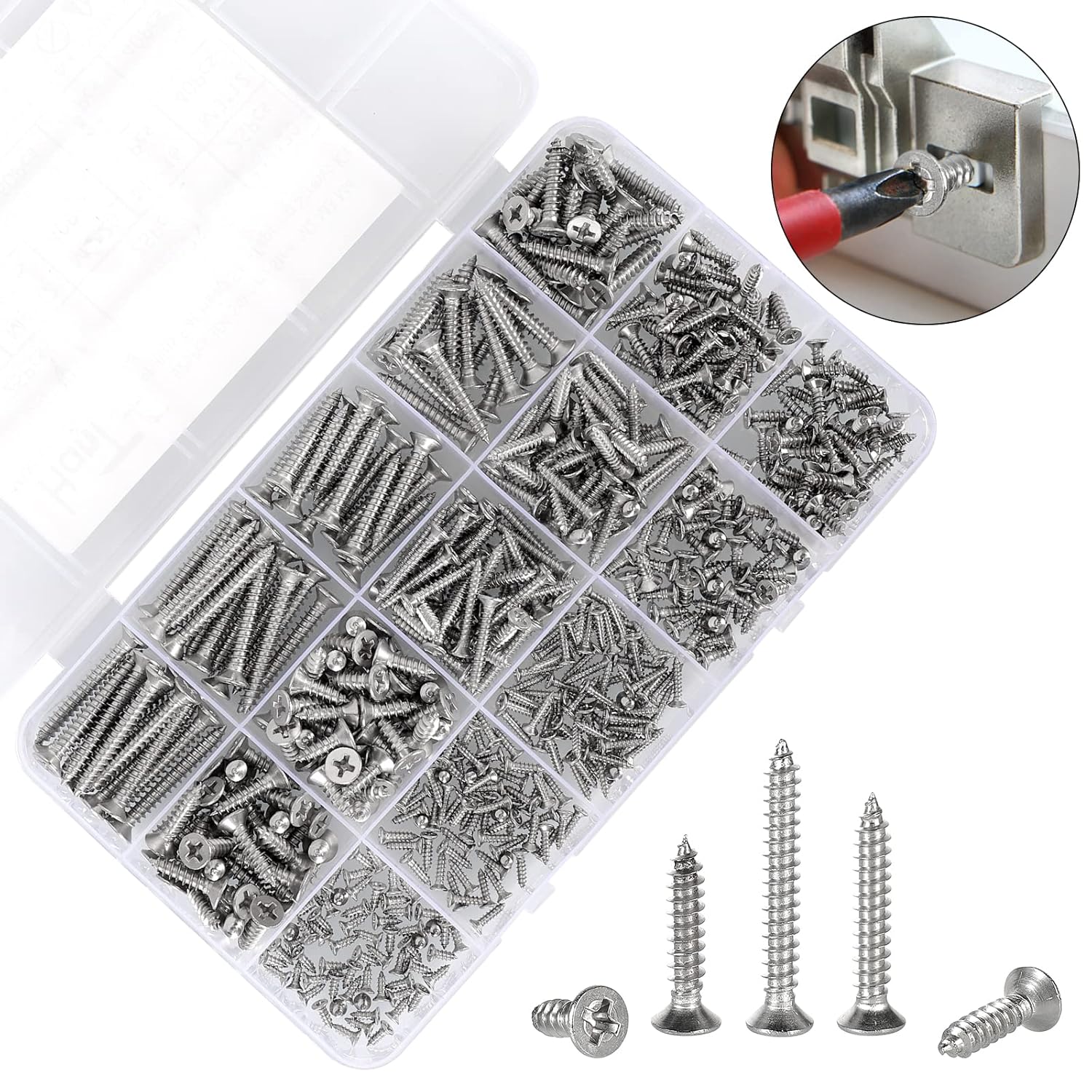 525Pcs M2 M3 M4 Phillips Flat Head Self Tapping Wood Screws,304 Stainless Steel, 13 Sizes Cross Countersunk Sheet Metal Screws Assortment for Wood,Plastic and Metal.Coarse Threaded, Sharp Point