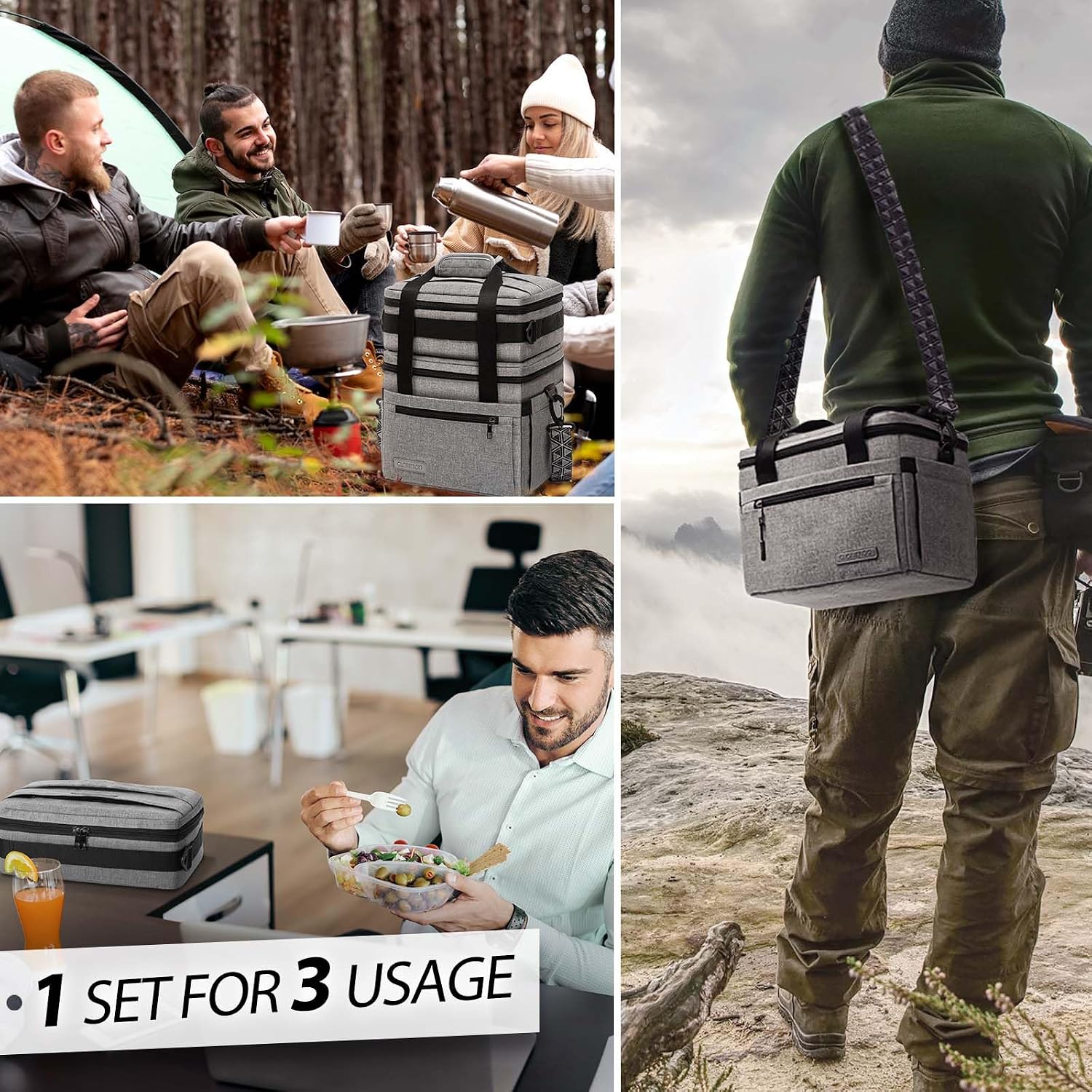 Large Lunch Bag Box for Men - 3 in 1 Double Deck Insulated Leak-Proof Lunch Box Cooler Bag with Removable Shoulder Strap for Work Travel Picnic Fathers Day Dad for Men