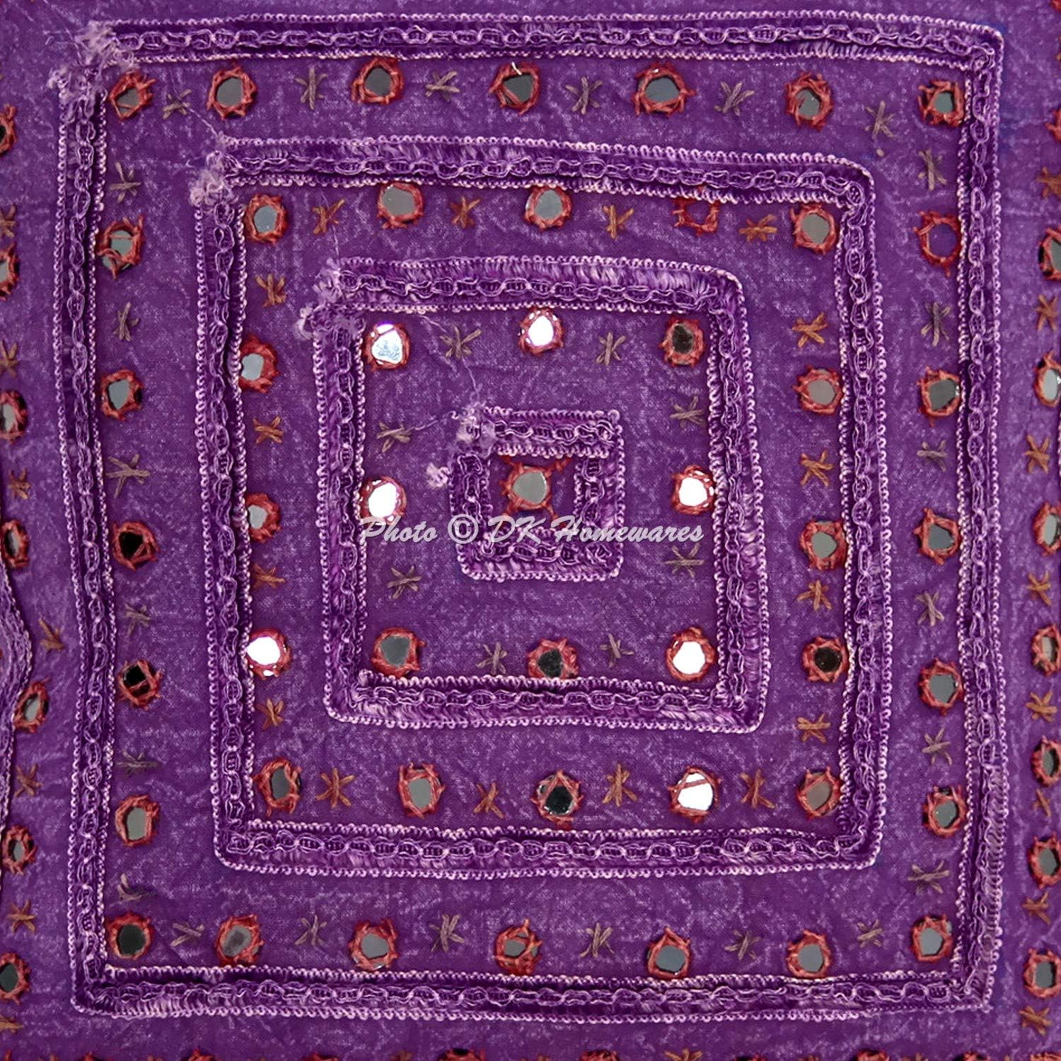 Boho Decorative Accent Throw Pillow Covers 16 x 16 Inch Cotton Mirrored Embroidered Ethnic Square Sofa Cushion Covers (Size - 40x40 cm ; Color: Purple) - Set of 4 Pcs (Cover Only)