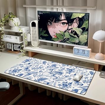 Blue Floral Mouse Pad Extended Large Gaming Mousepad XL Big Long Oversized Desk Mat Stitched Edges 31.5 X 11.8 Inch for Home Office