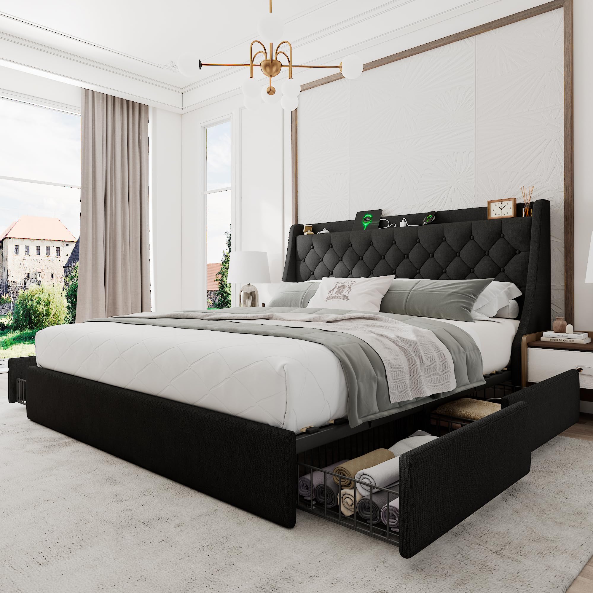 Einhomn King Size Bed Frame with 4 Storage Drawers, Upholstered Bed Frame with Wingback Headboard, Charging Station, No Box Spring Needed, Easy