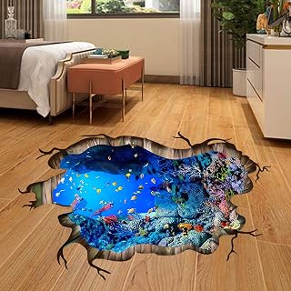 3D Underwater World Wall Decal Home Floor Stickers Decor Vivid Fish Sea Turtle Broken Animals Art Wall Decal Under The Sea Bathroom Bedroom Decor Floor Sticker Nursery -80*120cm