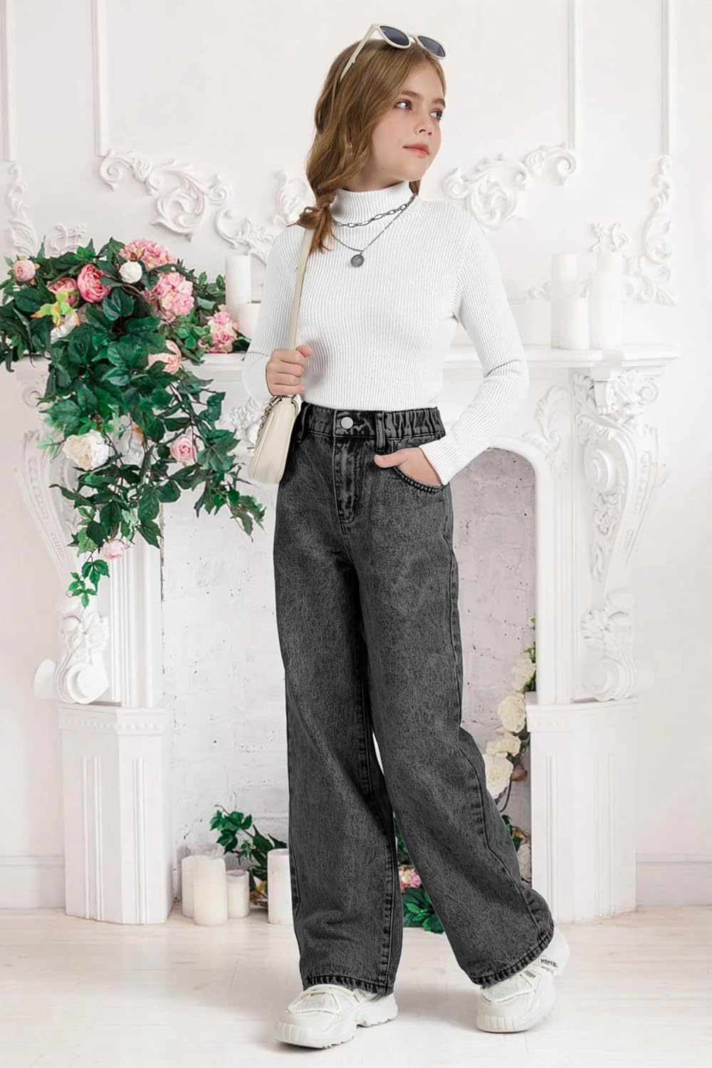 Girls Wide Leg Jeans Baggy Bow Embroidery High Elastic Waist Denim Pants Cute Y2K Trendy Tween Streetwear 8-16Y - Image 3