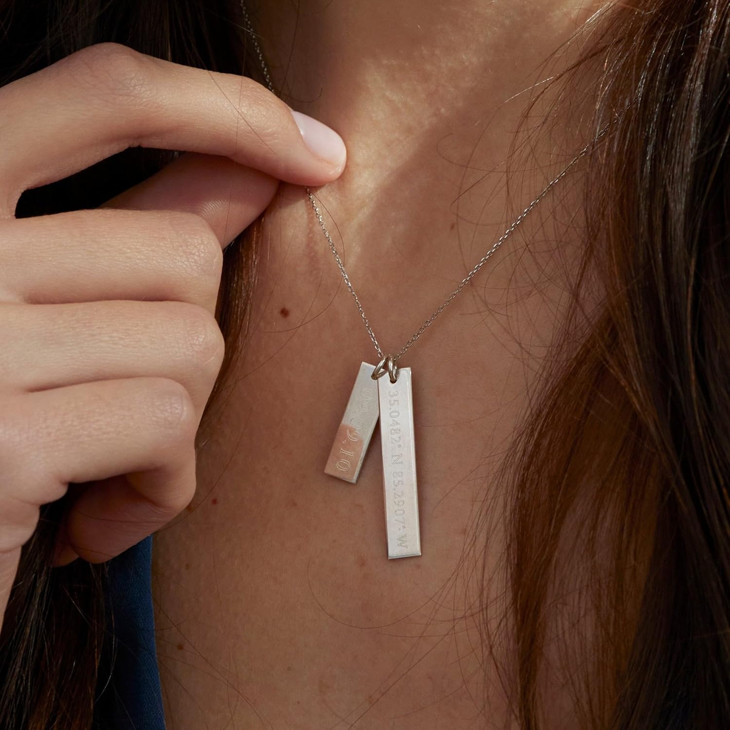 Custom Coordinate and Date Double Vertical Silver Bar, 16" long chain - Personalized Coordinates Necklace - Sterling Silver Jewelry for Women - Birthday Gift - Graduation Gift - Gifts for Mom