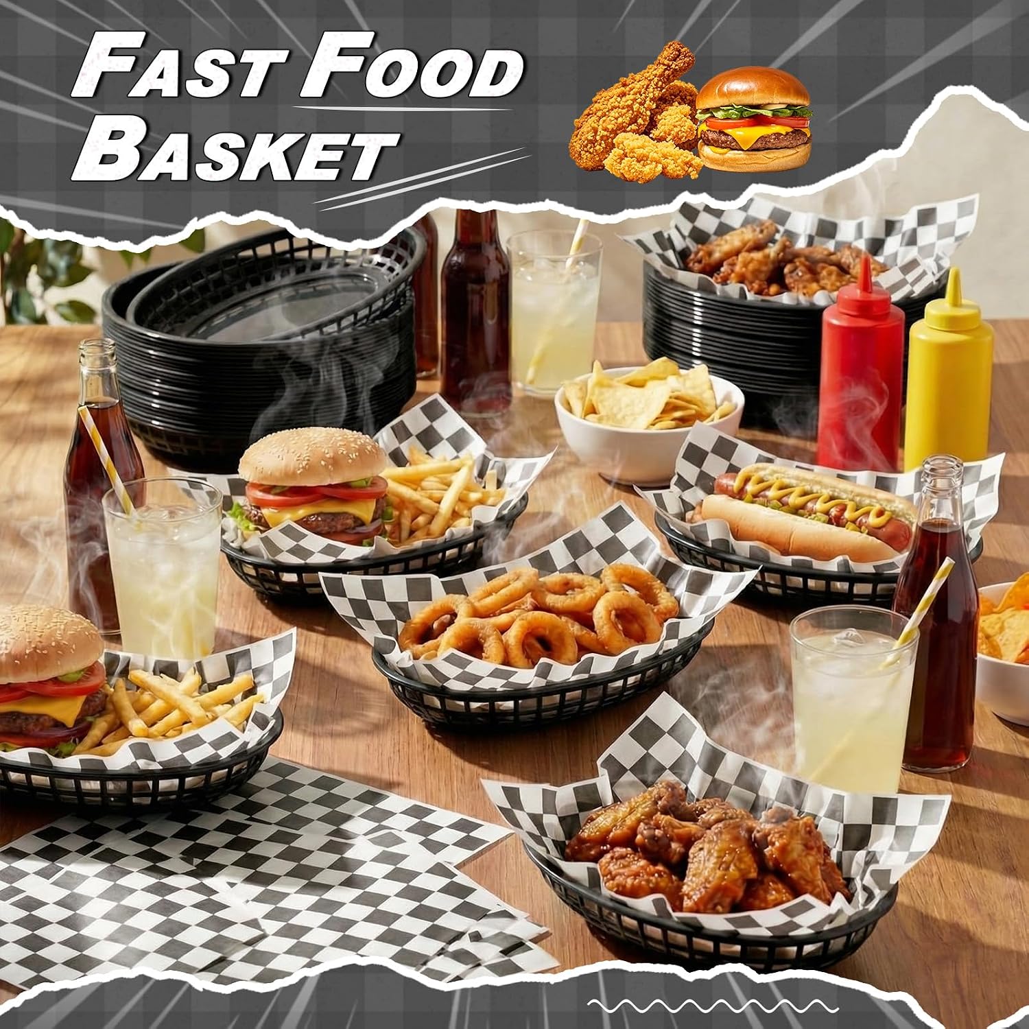 24 Pcs Large Fast Food Baskets with 100 Pcs Checkered Basket Liners, 8.9 x 5.5 Inch Retro Style Burger and Fries Plastic Food Trays for Hot Dogs, Sandwiches, Bread and Picnic(Black)