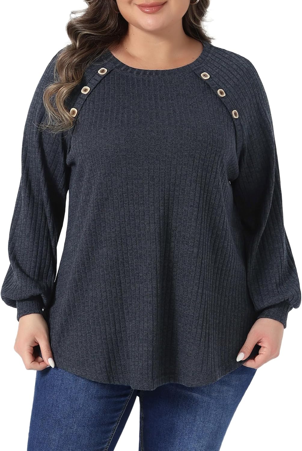 Agnes Orinda Plus Size Tops for Women Long Sleeve Crew Neck Button Decor Lightweight Pullover Blouses
