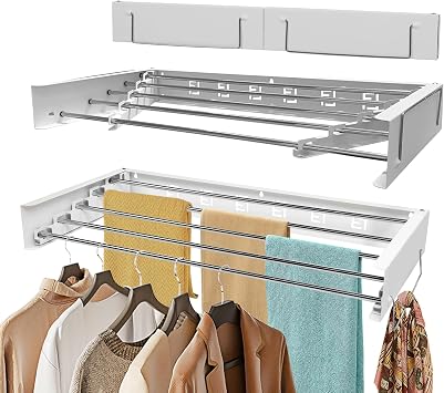 Wall Mounted Drying Rack, Clothes Drying Rack Foldable, 31.5" Laundry Racks for Drying Clothes Collapsible Drying Racks for Laundry with 2 Towel Handles and Wall Template for Indoor Outdoor