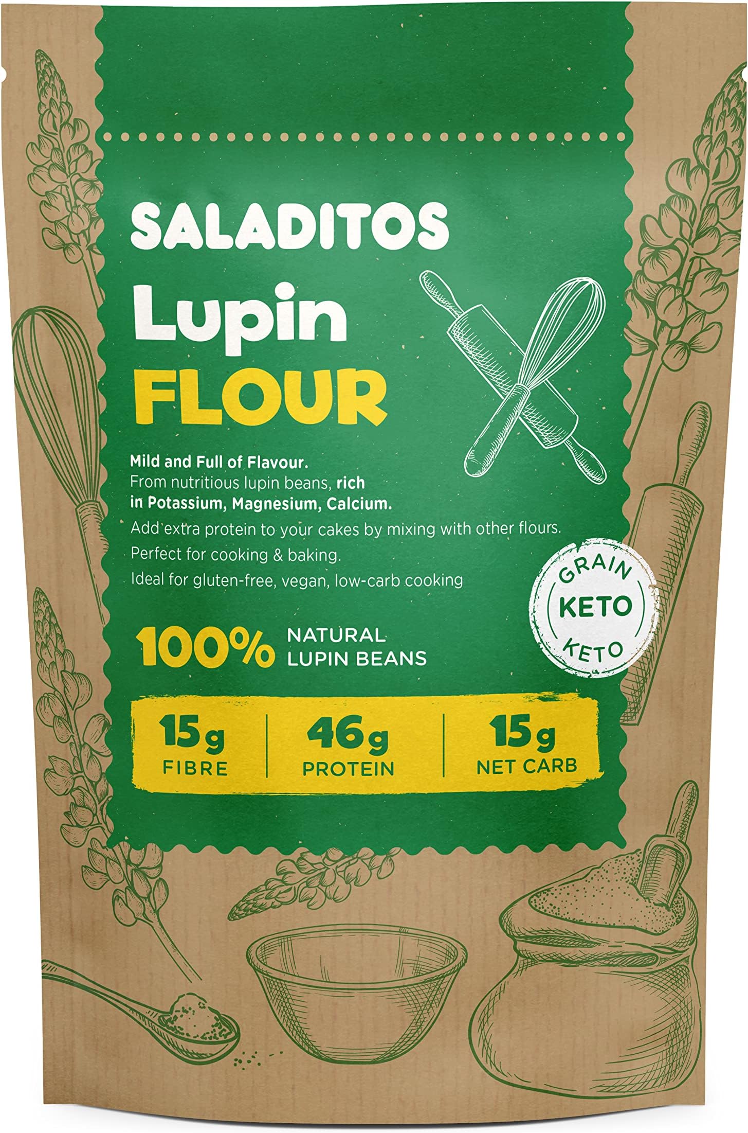 SALADITOS Lupin Flour - High Protein, Low Carb & Keto Friendly, Gluten Free and Vegan Flour Alternative, 1x400gr