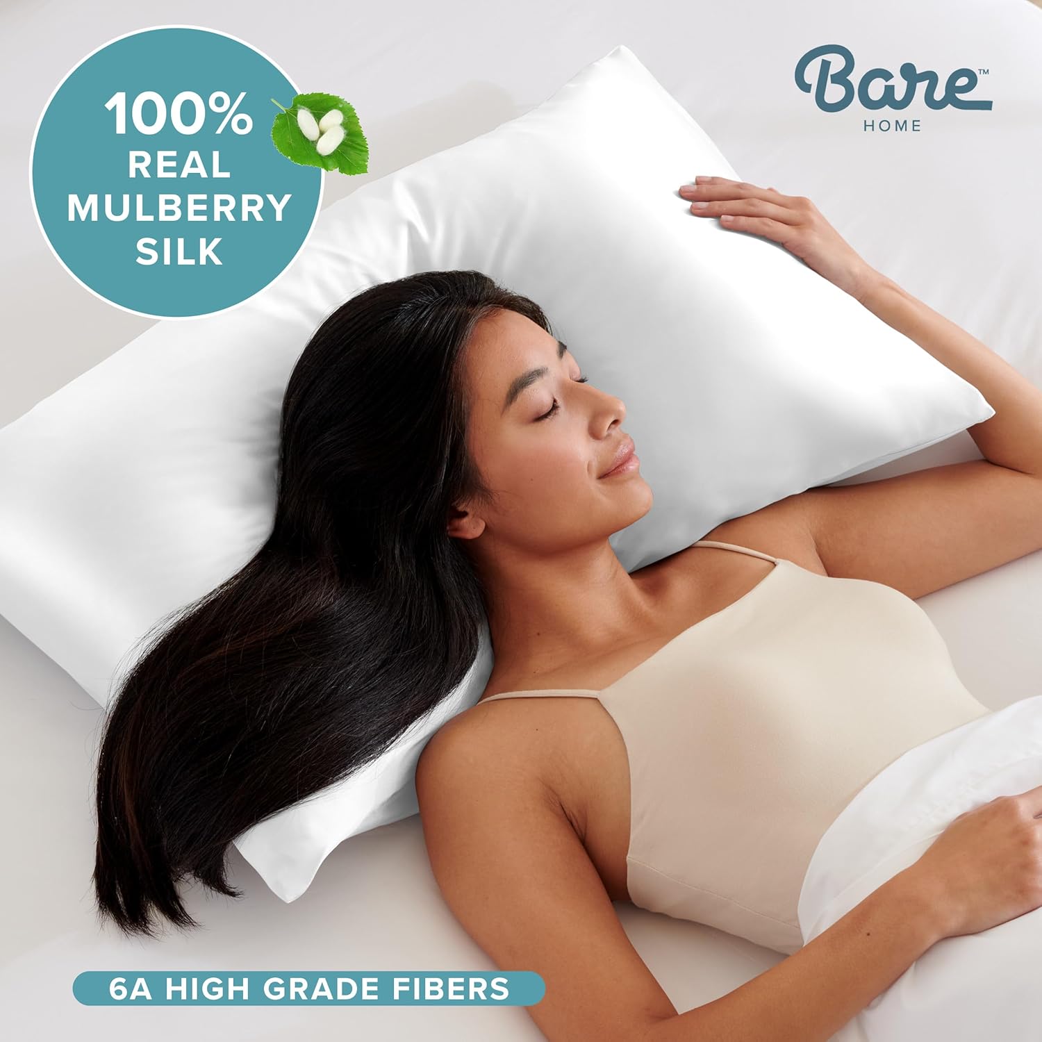 Bare Home 100% Mulberry Silk Pillowcase for Hair and Skin - Ultra Premium 6A Grade 19 Momme Silk Pillow Case - Hidden Zipper - Breathable Cooling Pillow Cover (Standard, White) - Image 3