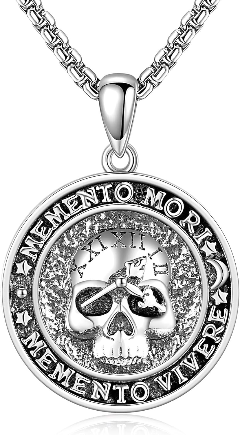 Memento Mori Necklace 925 Sterling Silver Memento Mori Pendant Skull Clock Jewelry Gifts for Men