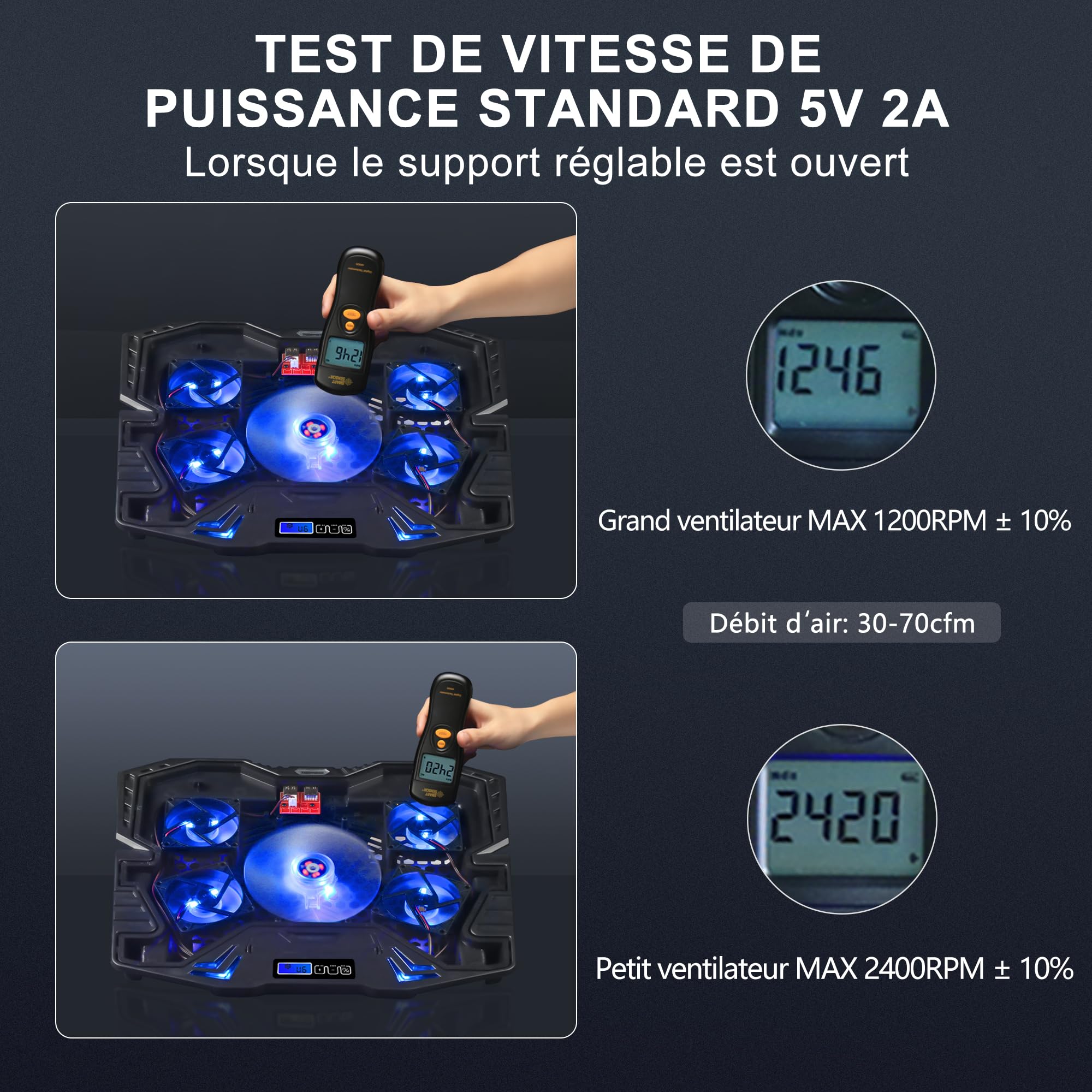 TopMate C5 Base de Refroidissement PC Portable Gamer 10-15,6 Pouces, 5 Ventilateurs Silencieux, LED Bleue, Contrôleur LCD