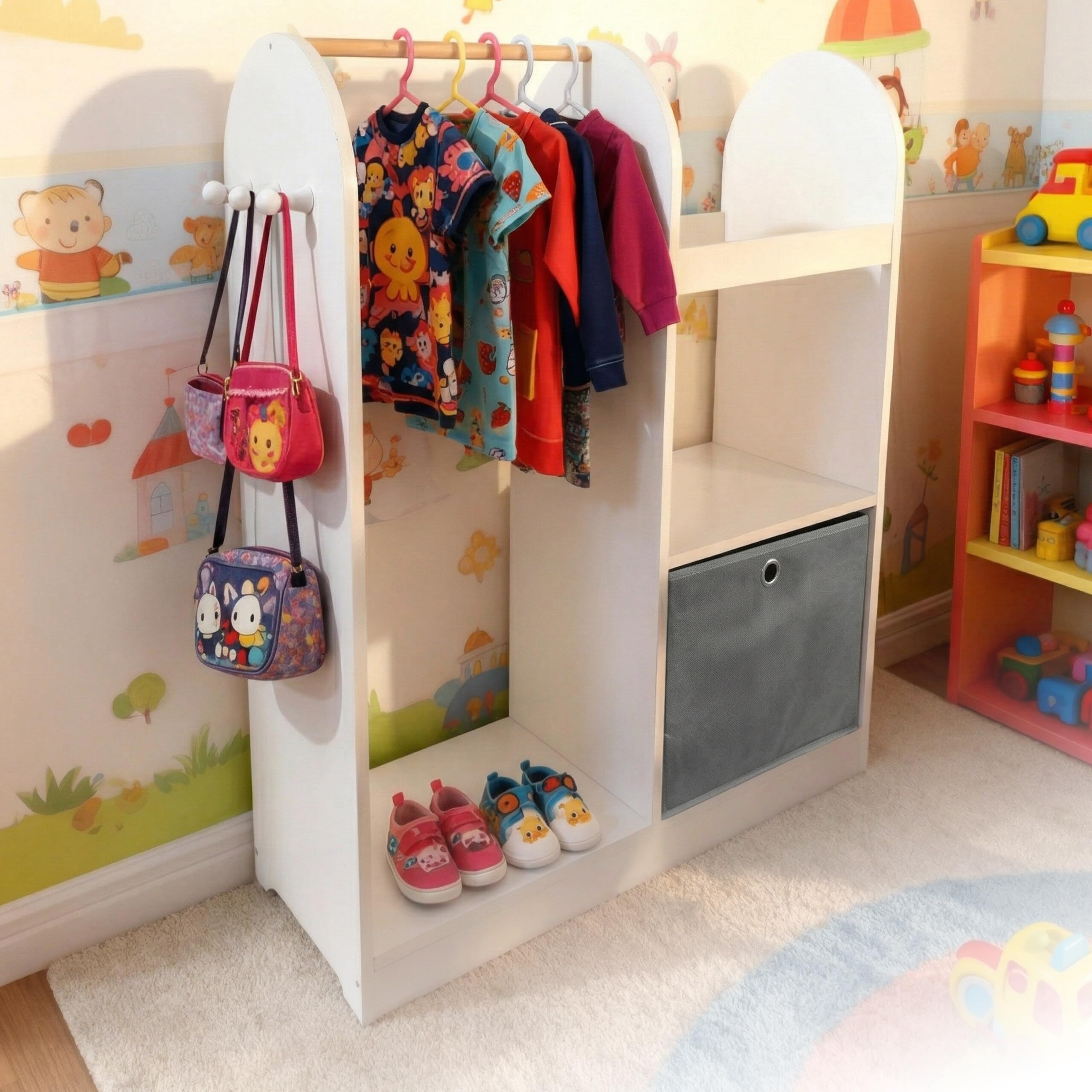 Relaxdays Appendiabiti per Bambini, 3 Ganci, Asta e Box, HxLxP: 108 x 97 x 35 cm, cameretta, Bianco