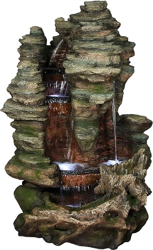 Fuente de agua para exteriores Sunnydaze Flat Rock Summit de 61 pulgadas con luces LED | Bomba sumergible eléctrica - Construcción de poliresina - Capacidad de agua de 25 galones - Para patio, terraza o porche delantero