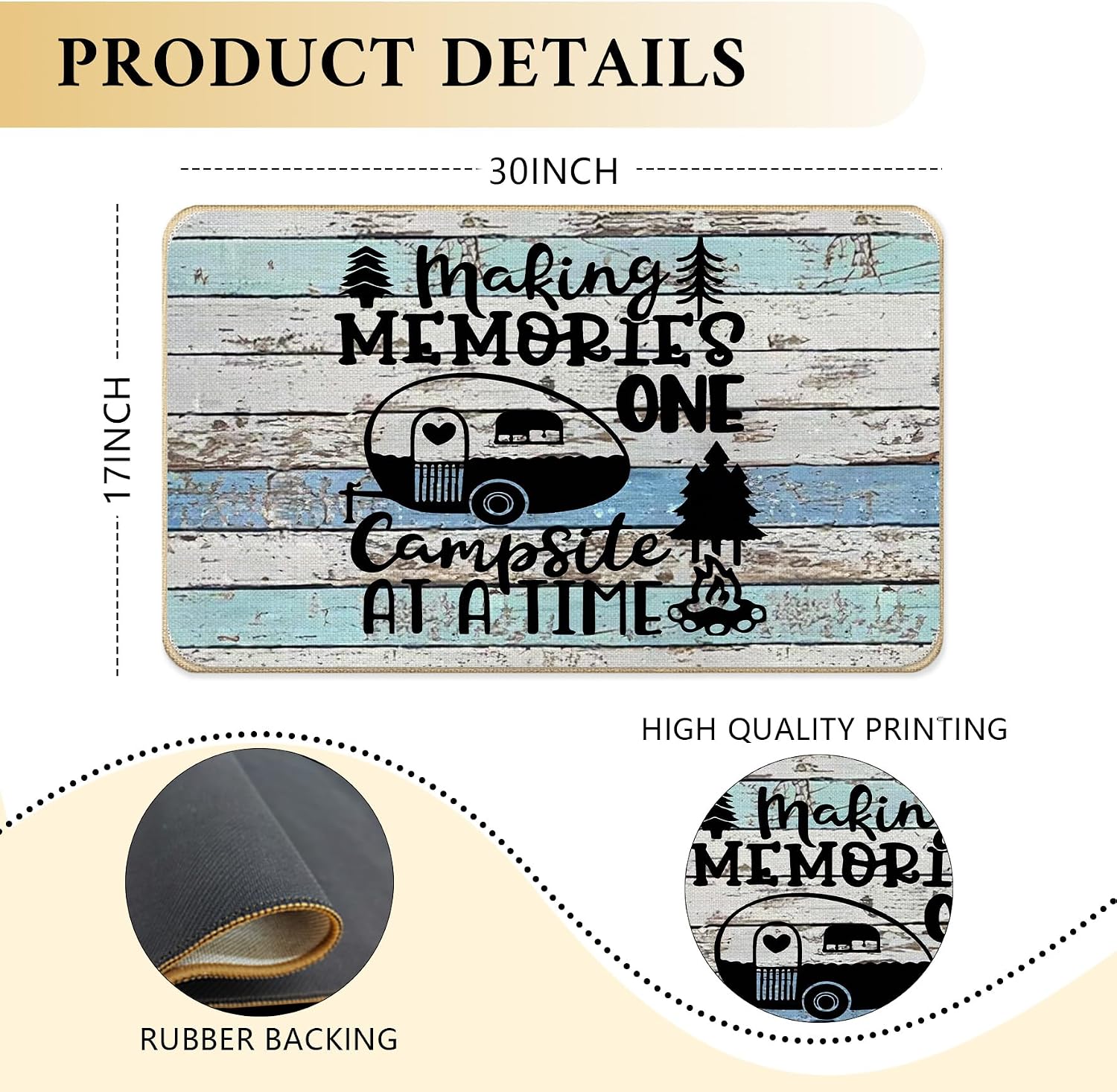 Vintage Rustic Camping Faux Linen Door Mat, Making Memories One Campsite at a Time Camper Doormat Outdoor Indoor Entrance Porch, Retro Camping Welcome Mats for Camper, 17x30 Inch