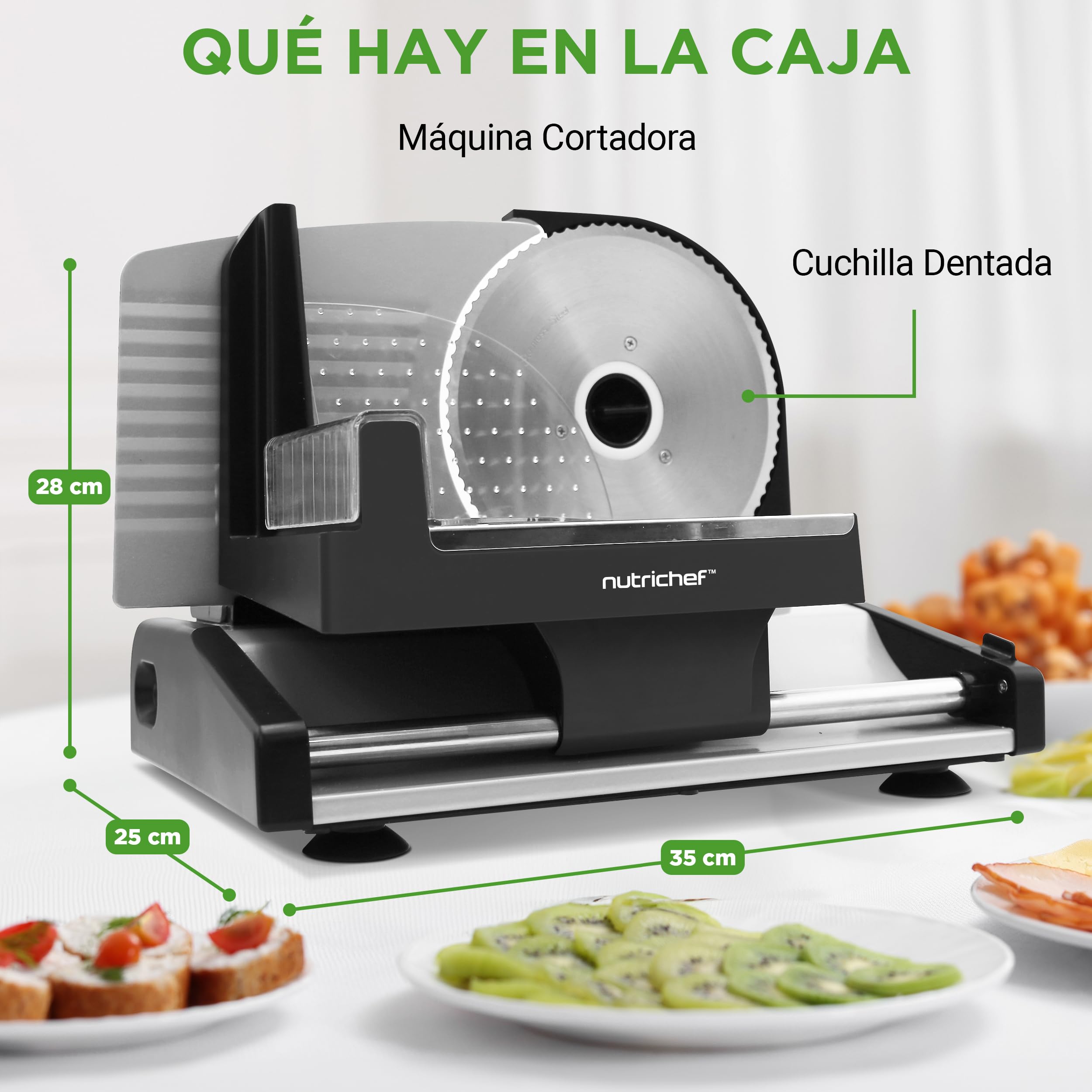 NutriChef Cortadora de fiambres, Picador de carne, Eléctrico, 200 V, Para jamón, Queso y pan, Rebanadora automática, Grosor ajustable, Cuchilla inoxidable, Empujador seguro