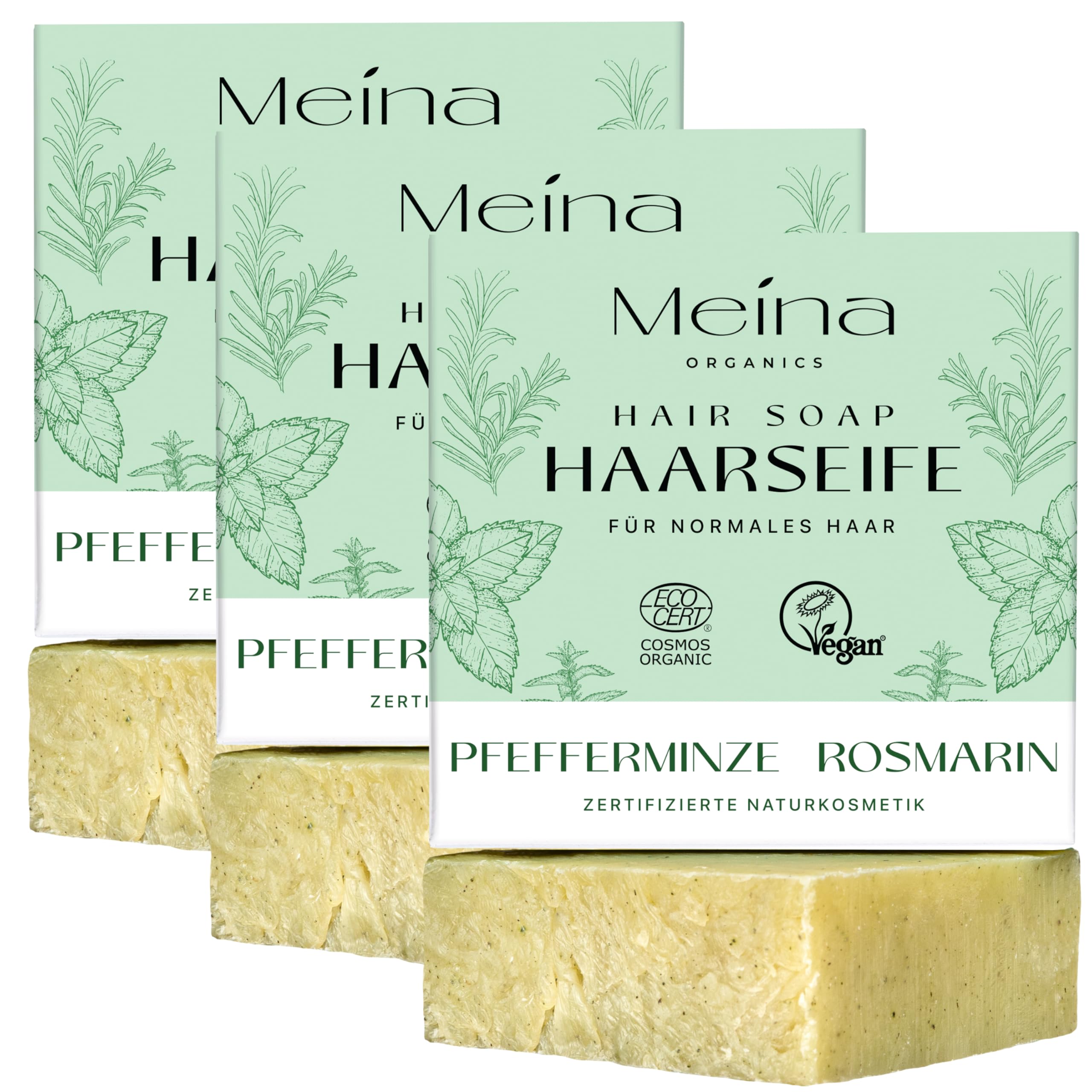 Meina Bio Haarseife für Haarwachstum mit Brennnessel, Rosmarin und Pfefferminze, Organic Zertifiziert, Vegan, Handgemacht, Plastikfrei, Ohne Palmöl, Wie ein festes Shampoo, 80g