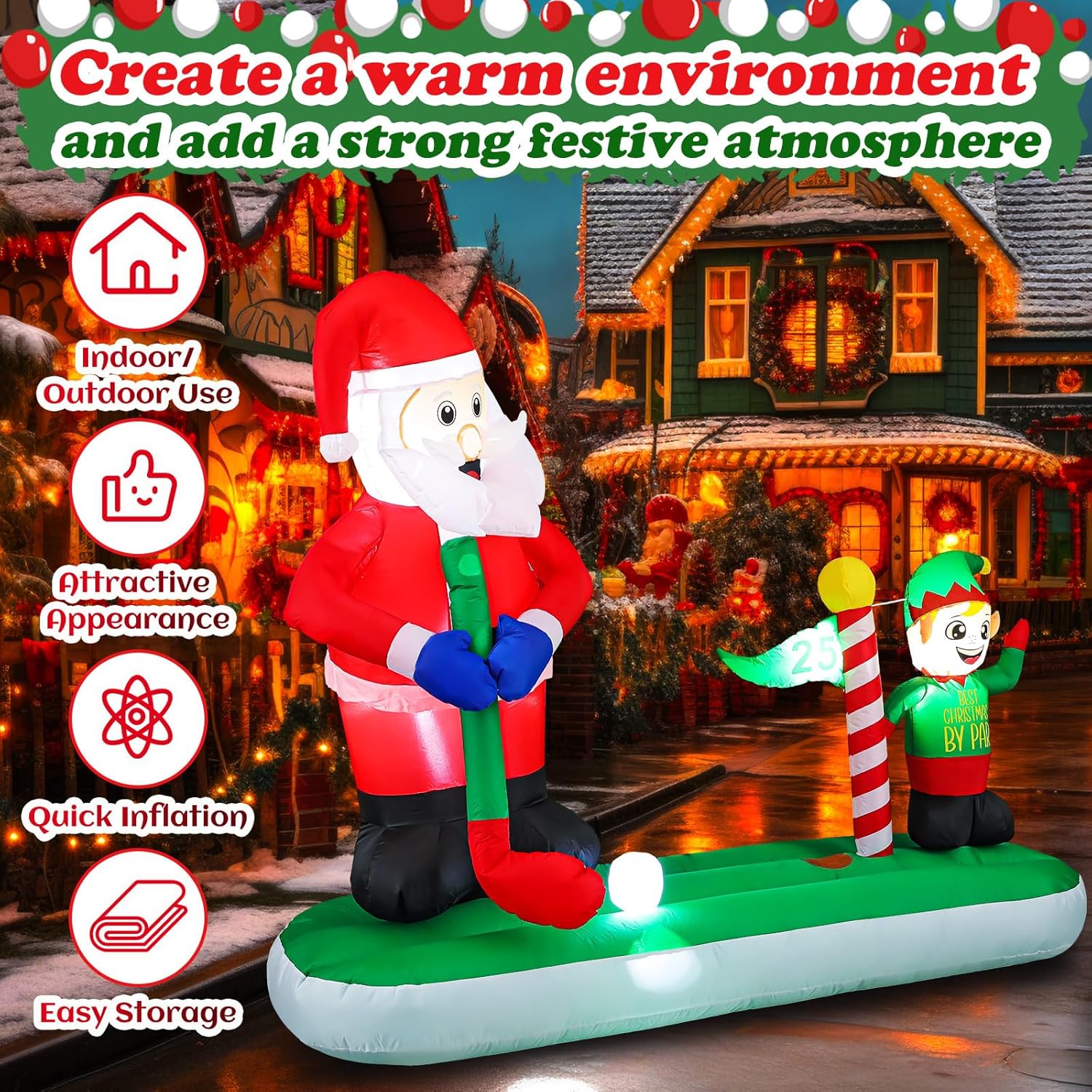 Realspring Large 5.6 FT x 6.7 FT Christmas Inflatable Santa Claus Elf Play Golf Decorations Inflatable Outdoor Christmas Decorations Built-in LED Lights Blow Up Yard for Outdoor Xmas Lawn