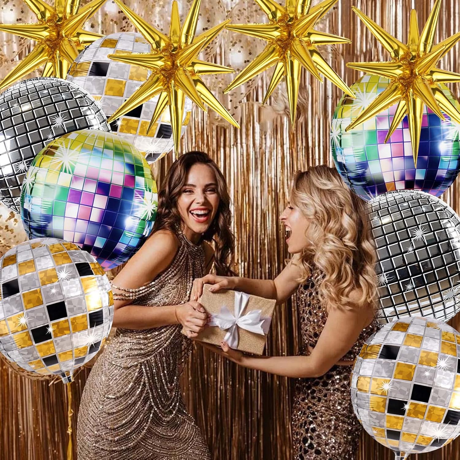 Cadeya 12 Pcs Disco Ball Balloons, Huge Gold Explosion Star Aluminum Foil Balloons for Birthday, Bachelorette Party, 70s 80s 90s Theme Disco Party Decorations Supplies