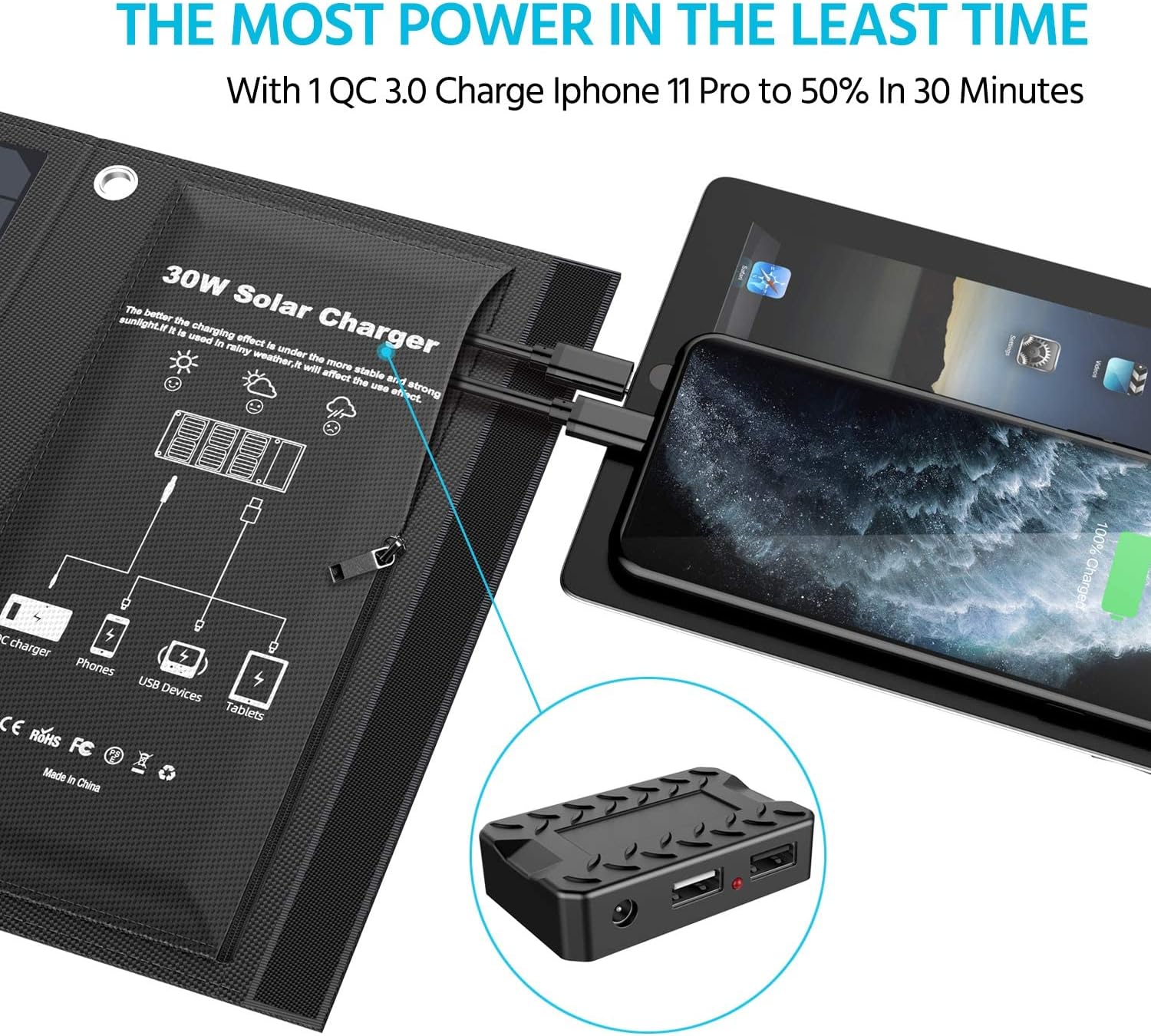Solar Charger 30W Solar Panel QC3.0 USB and 1DC(18V1.66A) Ports Foldable Panel Has High Conversion Rate Portable Solar Phone Charger for USB Devices and DC Devices