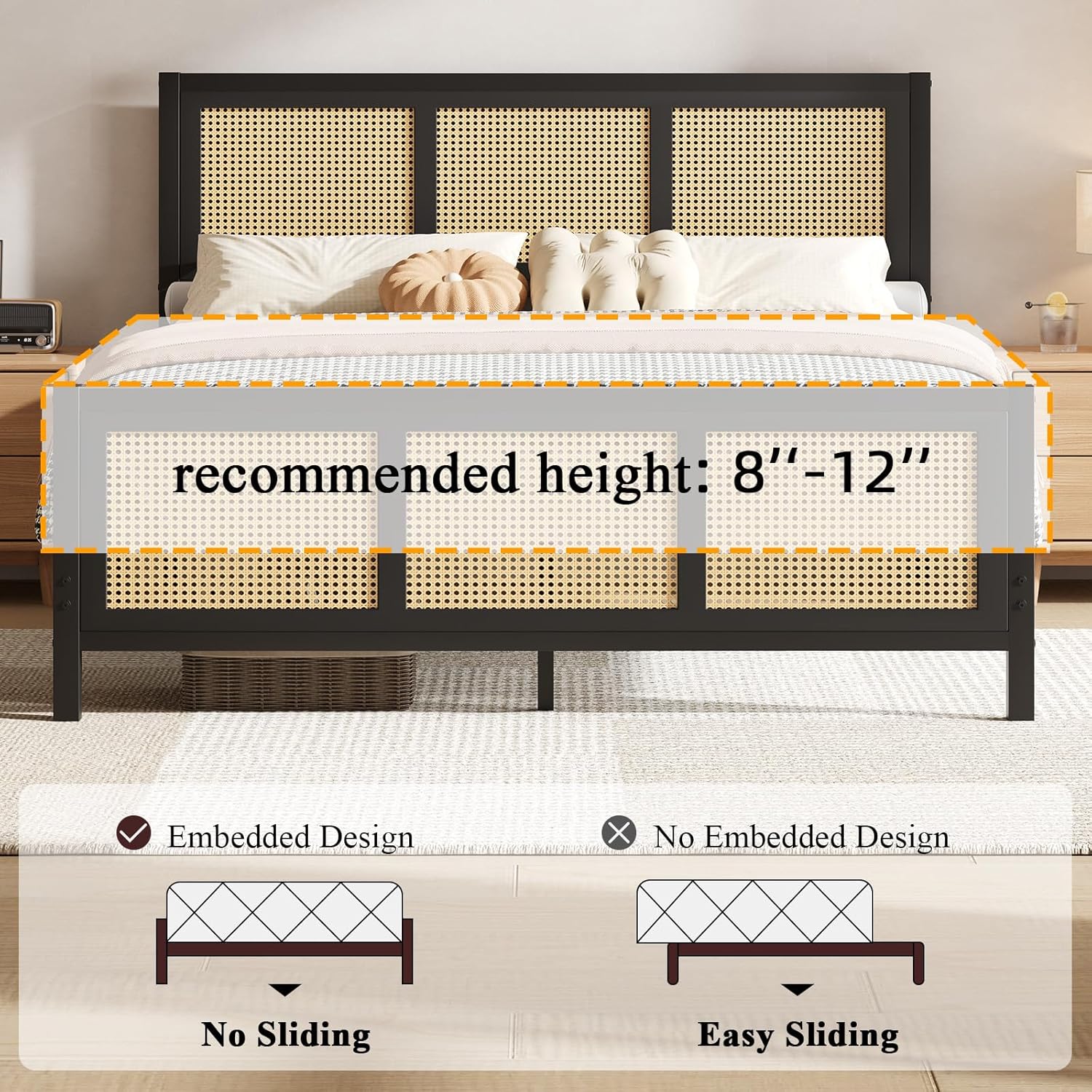 IMMERSTABLE Rattan King Size Bed Frame, Boho King Bed Frame and Headboard, Metal Platform Bed Frames King with Strong Slats Support, No Box Spring Needed, Noise Free, Easy Assembly, Black