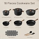 CAROTE Pots et casseroles antiadhésifs, ensemble d'induction en titane 16pcs Ensembles de cuisine, pot et poêle Non Stick avec poêle (PFOS, PFOA Gratuit)