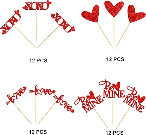 Miniatura 3 de Ercaido - Paquete de 48 adornos para cupcakes con purpurina roja para el día de San Valentín, temática de amor, boda, compromiso, cupcakes,